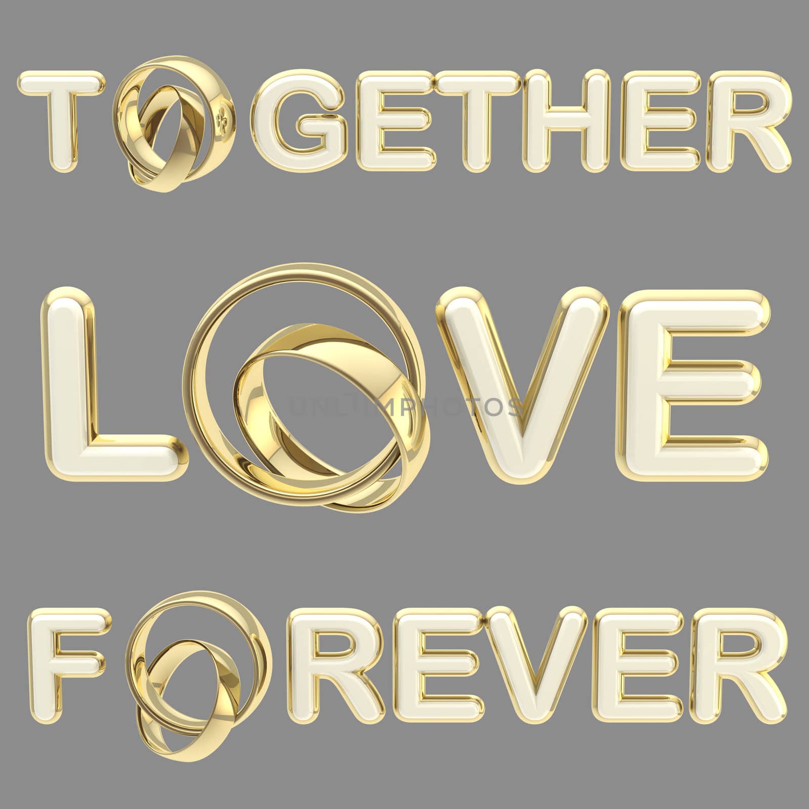 "Love", "together", "forever" words made of glossy white plastic and golden wedding rings isolated on grey