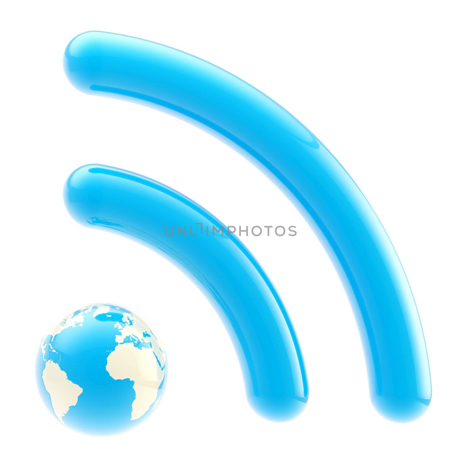 Earth planet like glossy blue RSS icon isolated on white