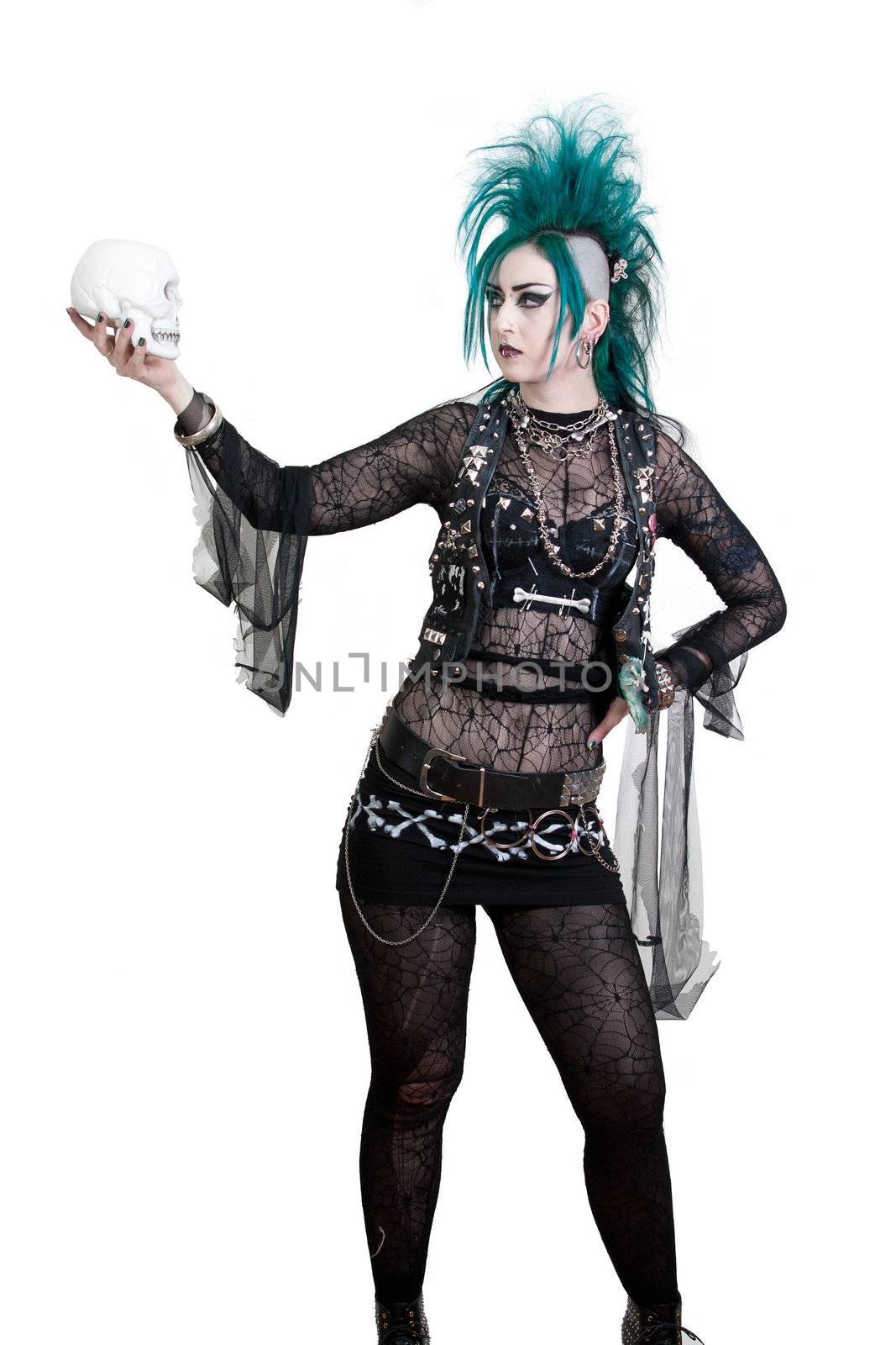 green haired postpunk girl with a skull in her hand. All on white background