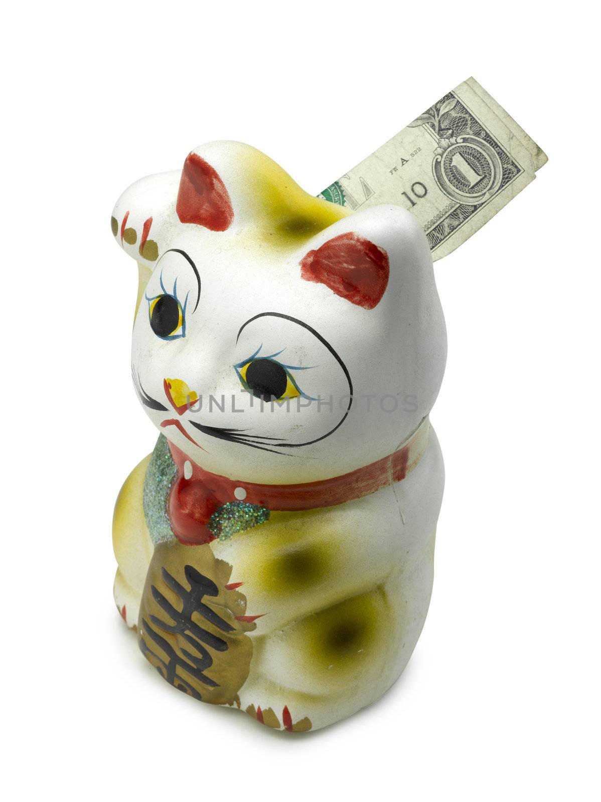 Lucky cat bank maneki neko on white
