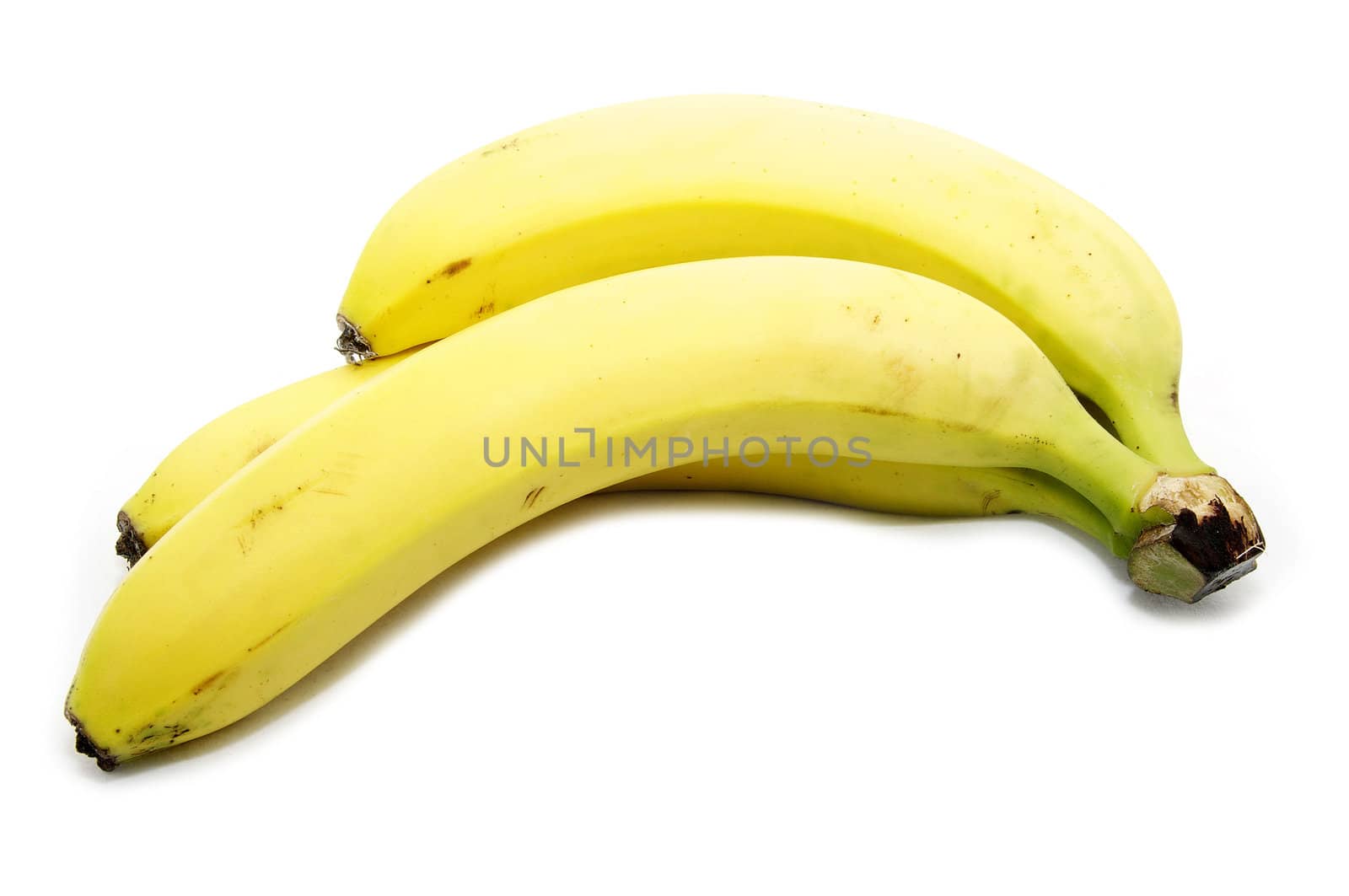 a branch of yellow bananas on white background