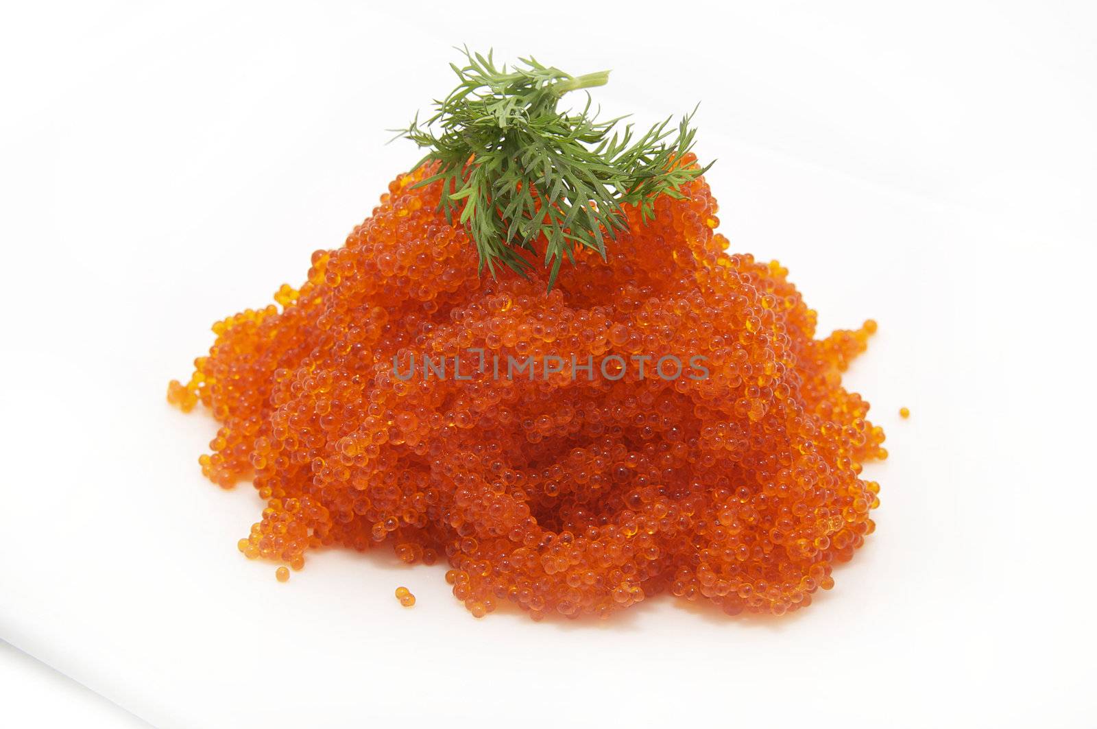 plate with flying fish roe on a white background
