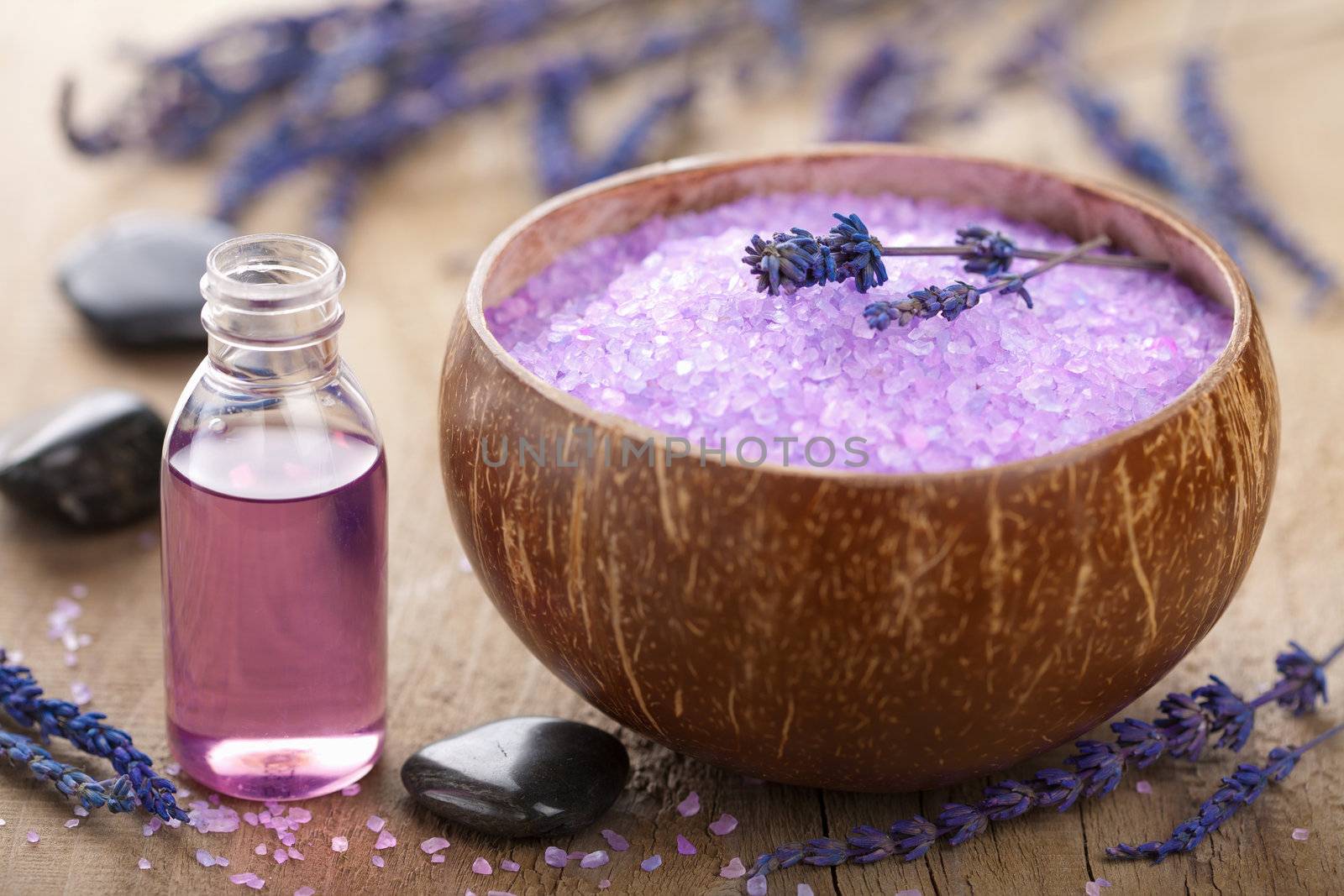 herbal salt lavender and spa stones 