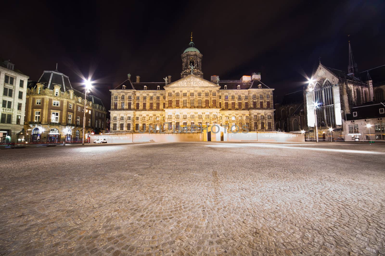 Royal Palace in Amsterdam - night photo taken with long time exposure and ultra wide angle