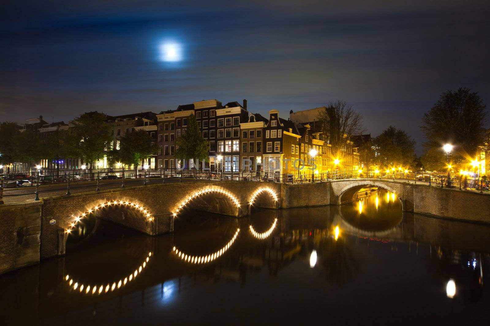 Amsterdam canal on night panorama - long time exposure
