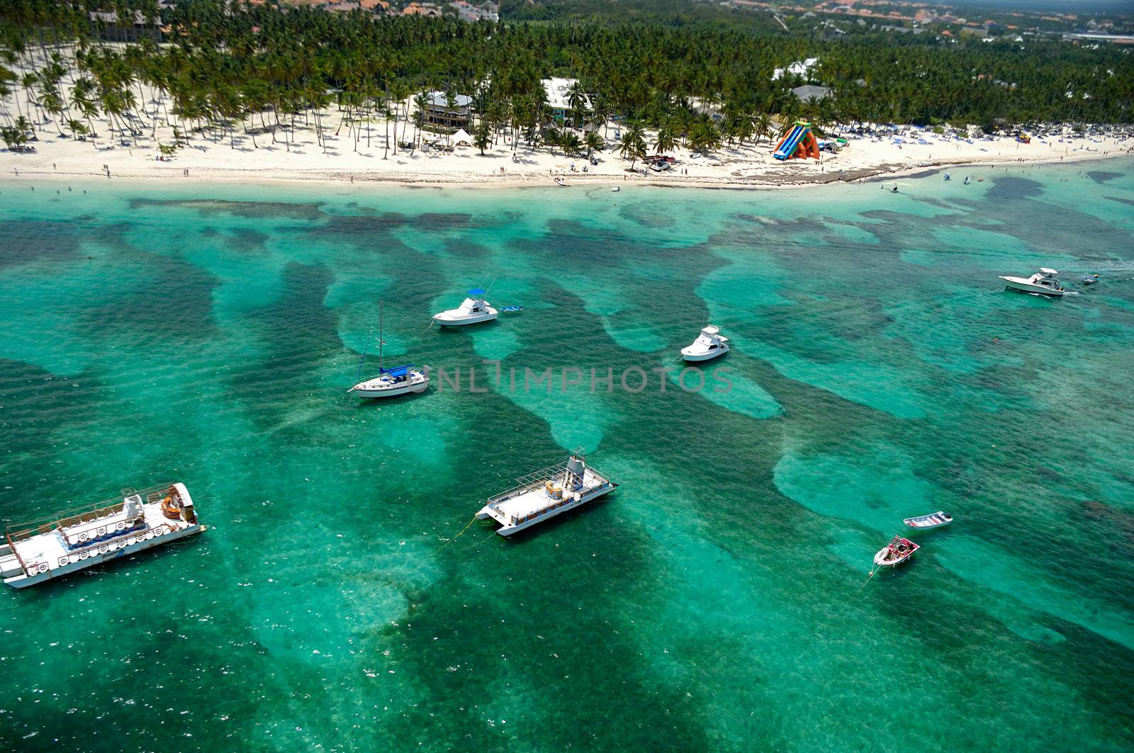 Boats and beach from above. Dominican Republic.