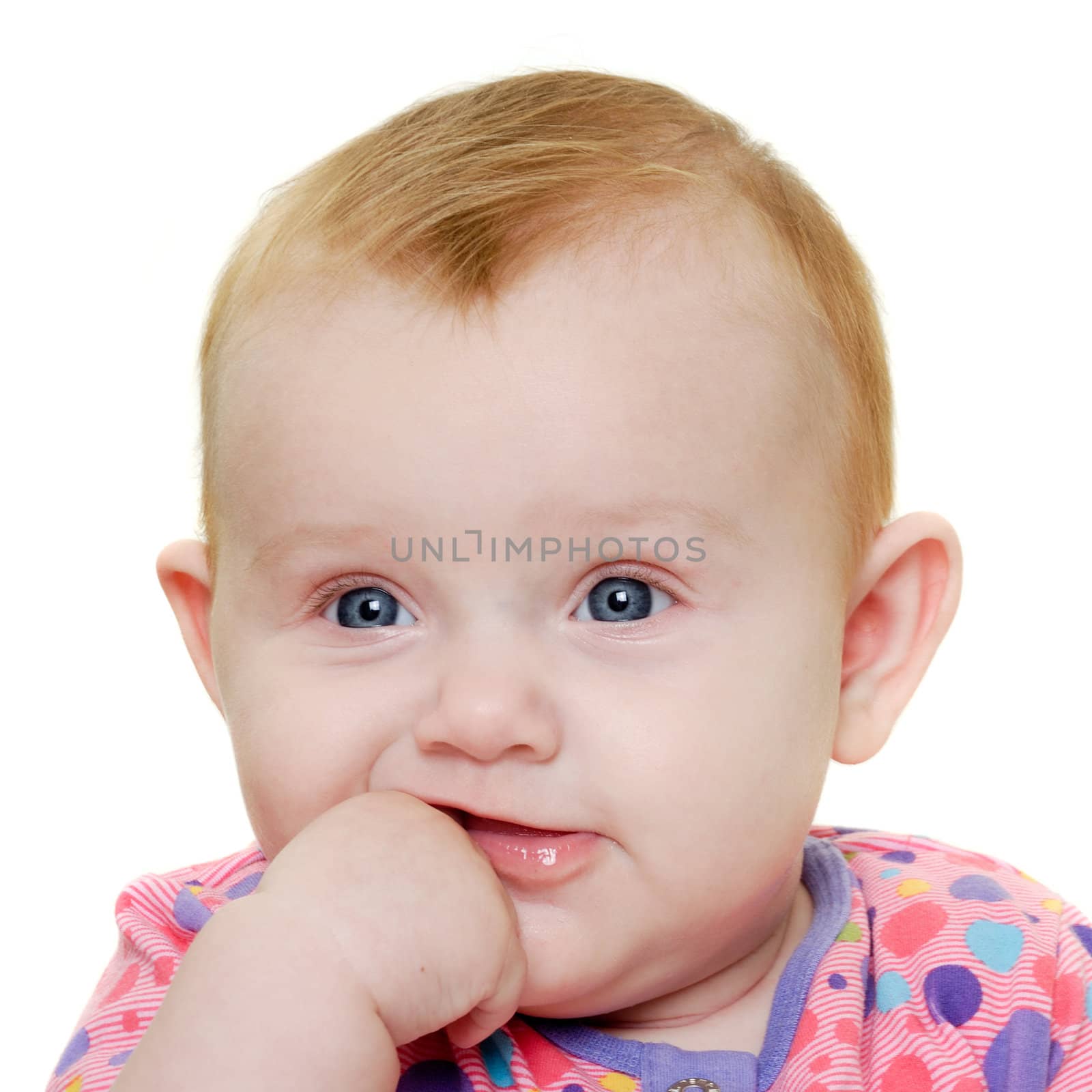 A sweet happy baby 3 month young.Taken on a white background.