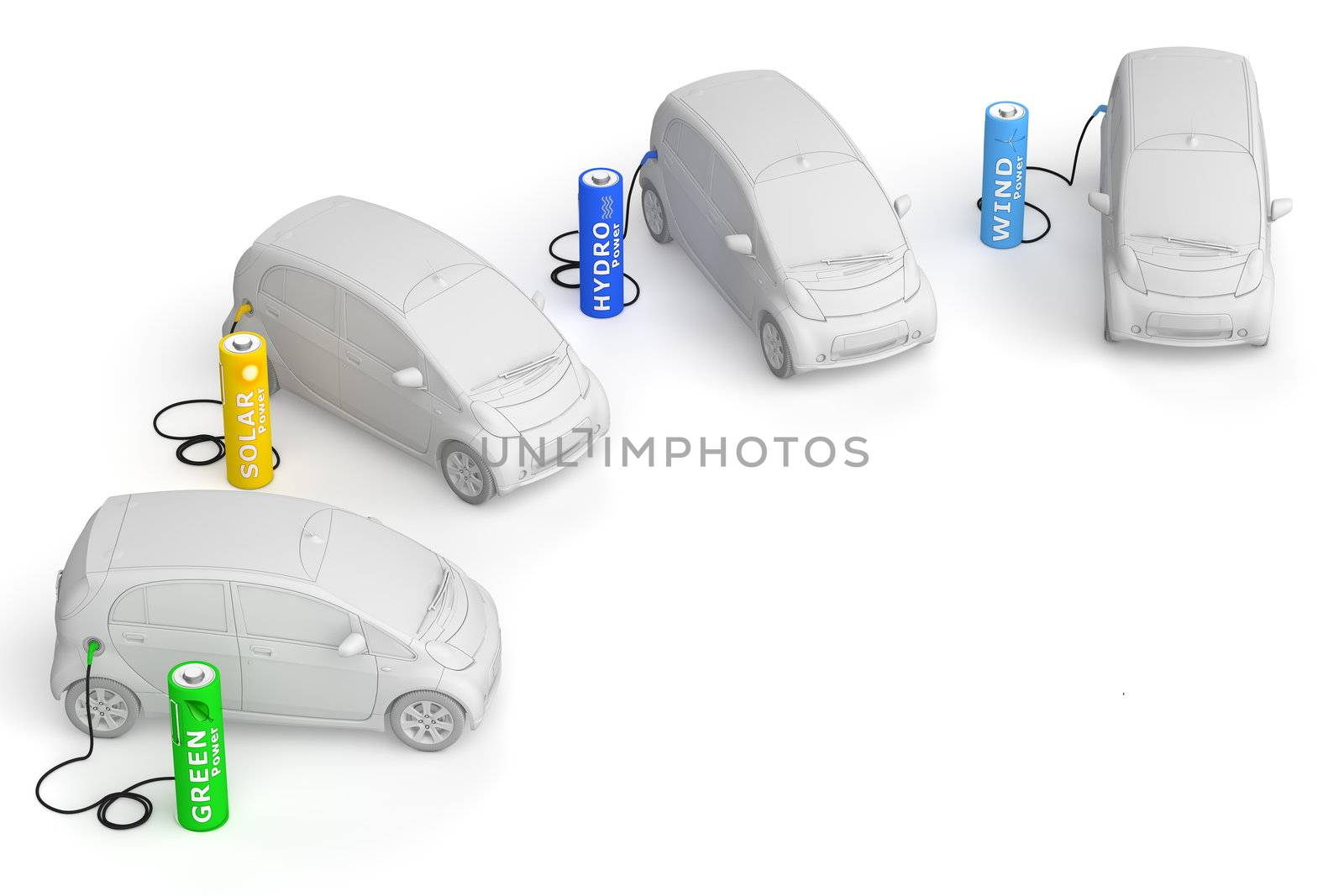 four E-Cars in a circle are fuelled by renewable energy - solar, hydro, wind and green energy