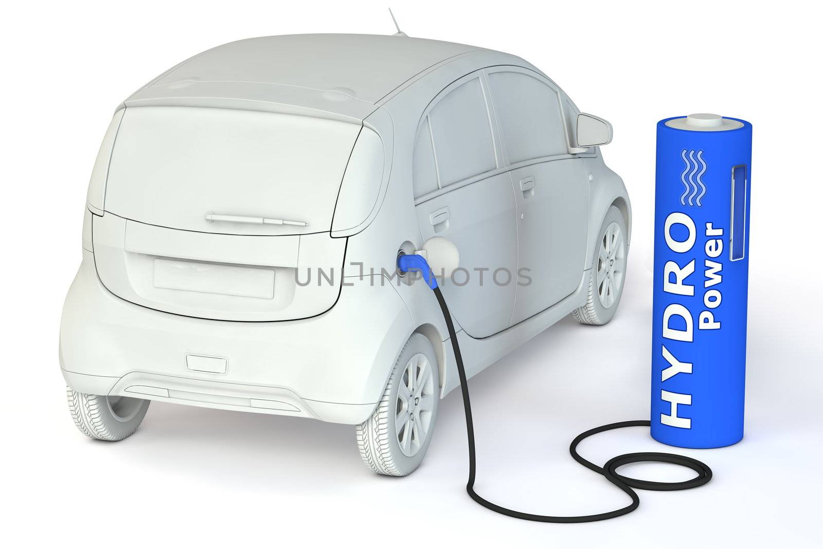 alternative energy hydro power - a dark blue battery as a fuel pump fuels an E-Car