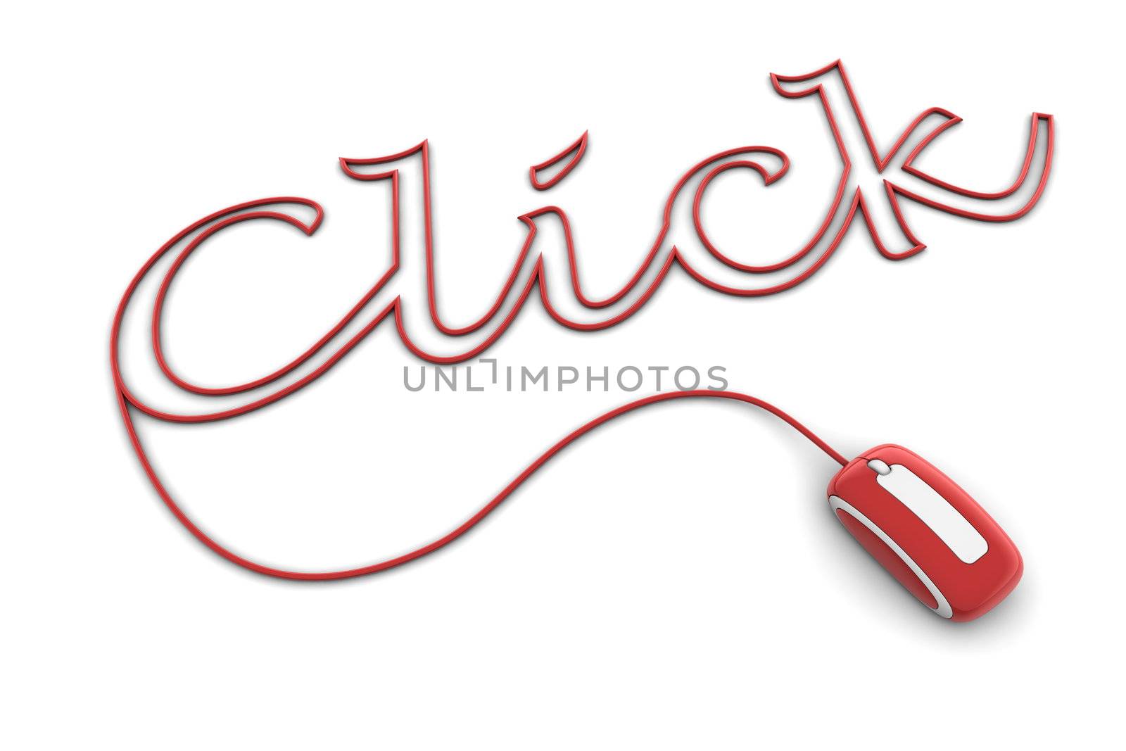 modern glossy red computer mouse is connected to the shiny red word Click - letters are formed by the mouse cable