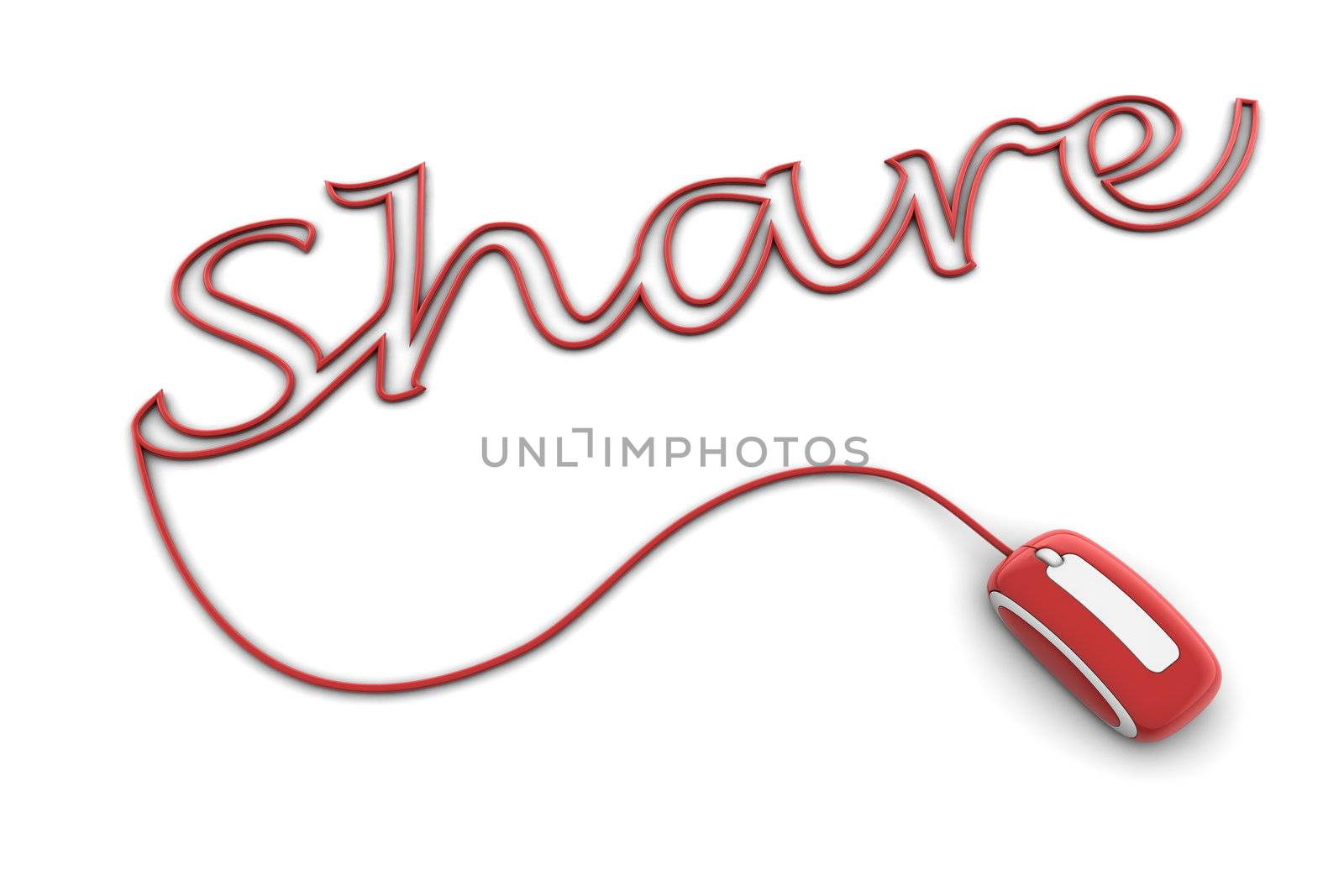 modern glossy red computer mouse is connected to the shiny red word Share - letters are formed by the mouse cable