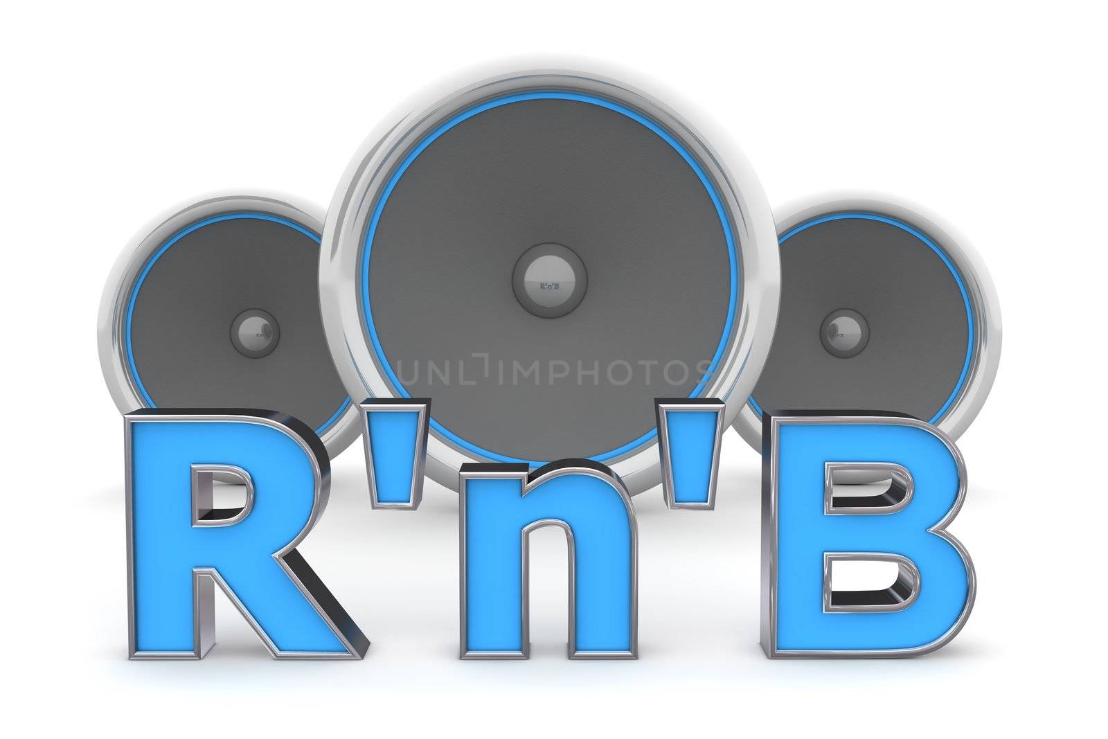 blue word R'n'B with metallic outline and three speakers in background