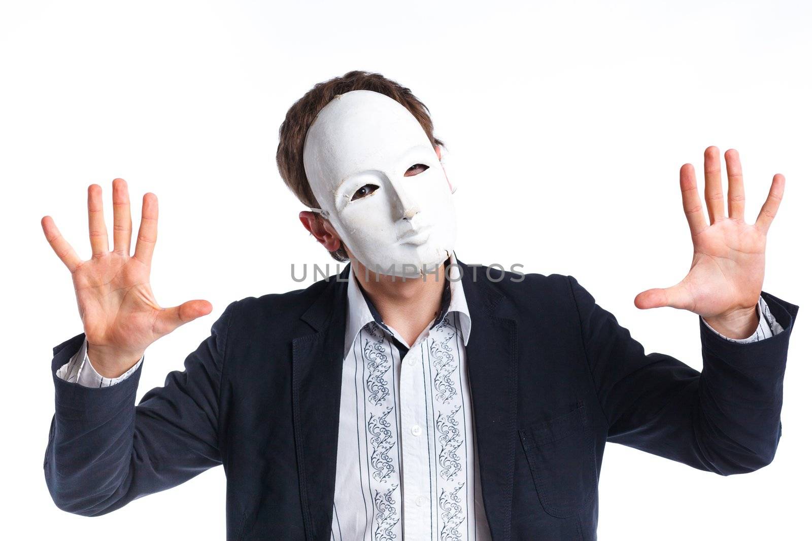 portrait of emotional actor in a mask. isolated on white background