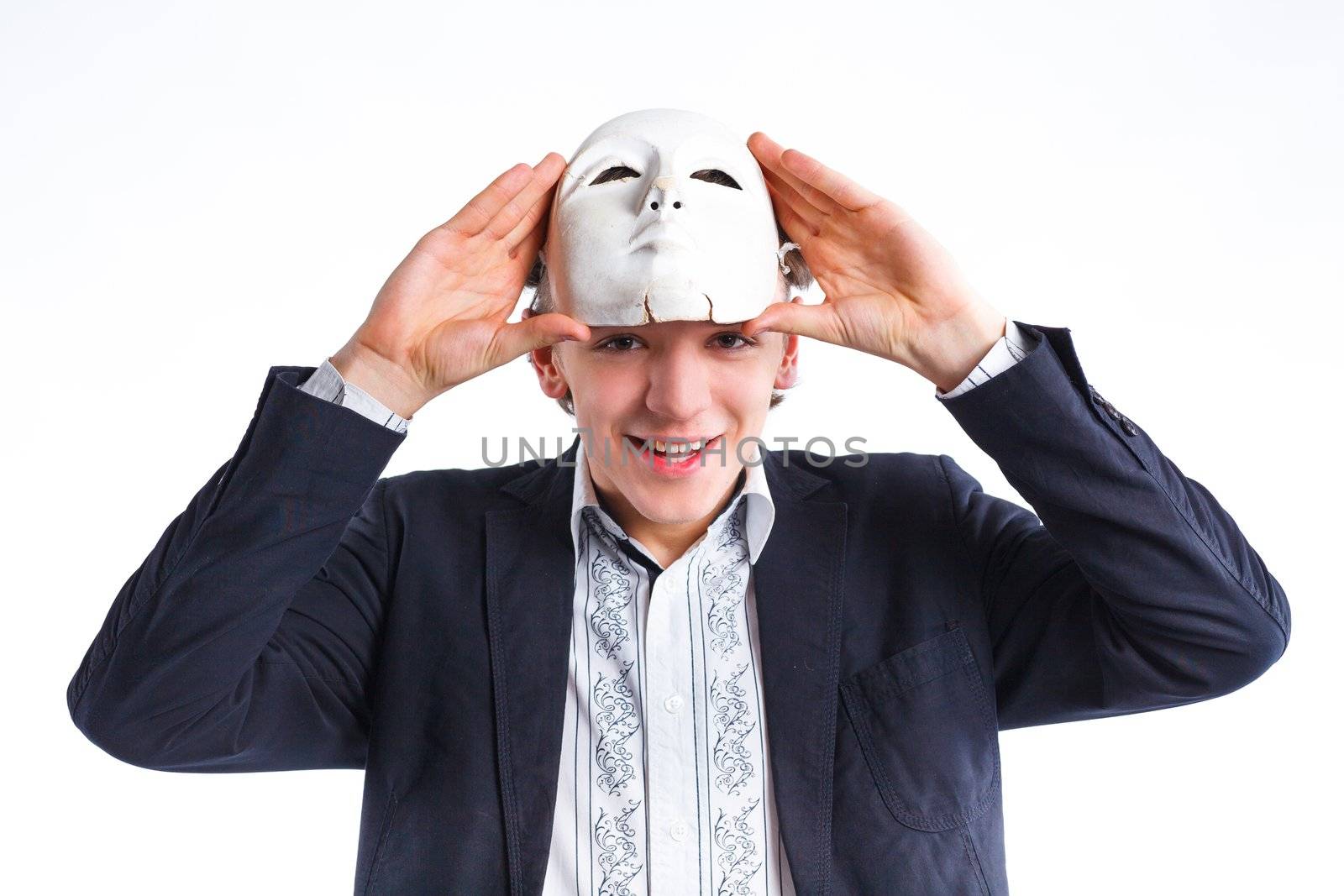 portrait of emotional actor in a mask. isolated on white background
