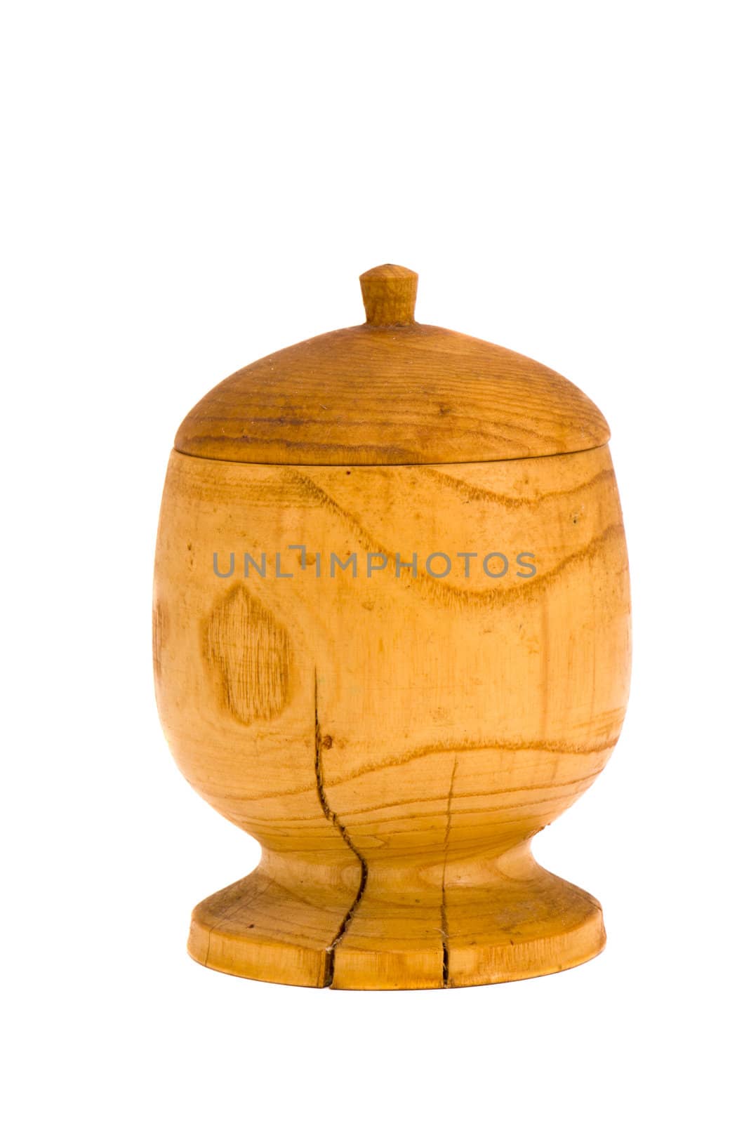 cracked wooden sugar-basin bowl salt salt-cellar with lid isolated on white background.