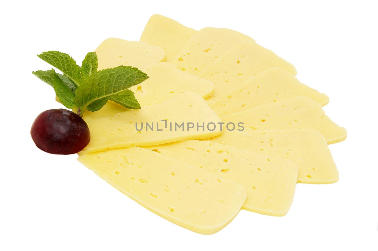 cheese on a white background decorated with radish and mint