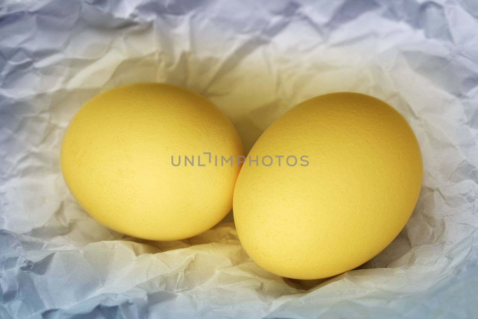 Two golden egg in crumpled paper - still life