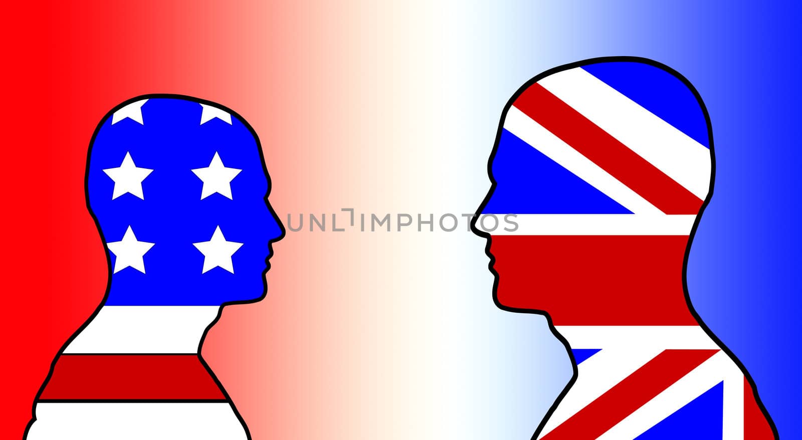 Concept image showing heads made out of the American and British flags.