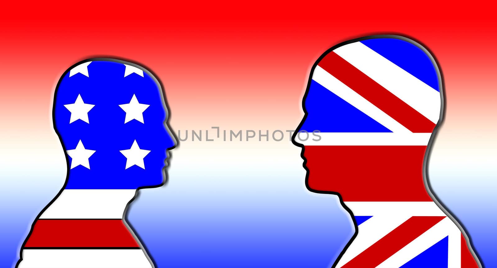 Concept image showing heads made out of the American and British flags.