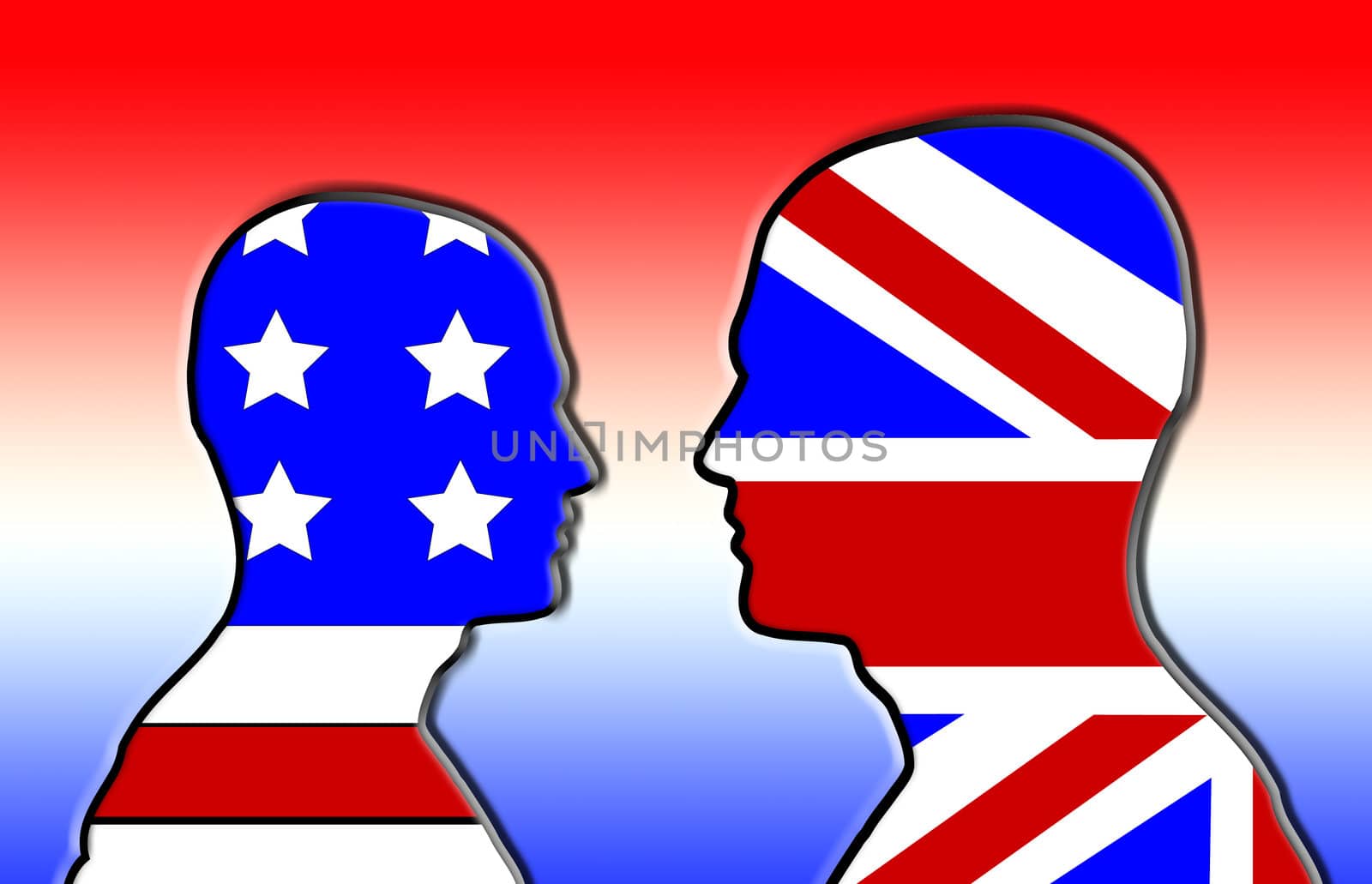 Concept image showing heads made out of the American and British flags.