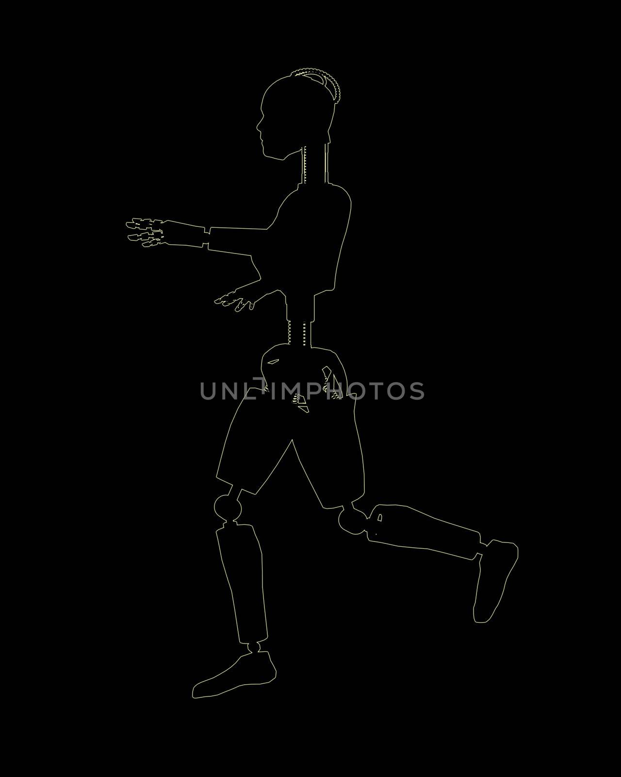 Silhouetted outline of a female shaped android.