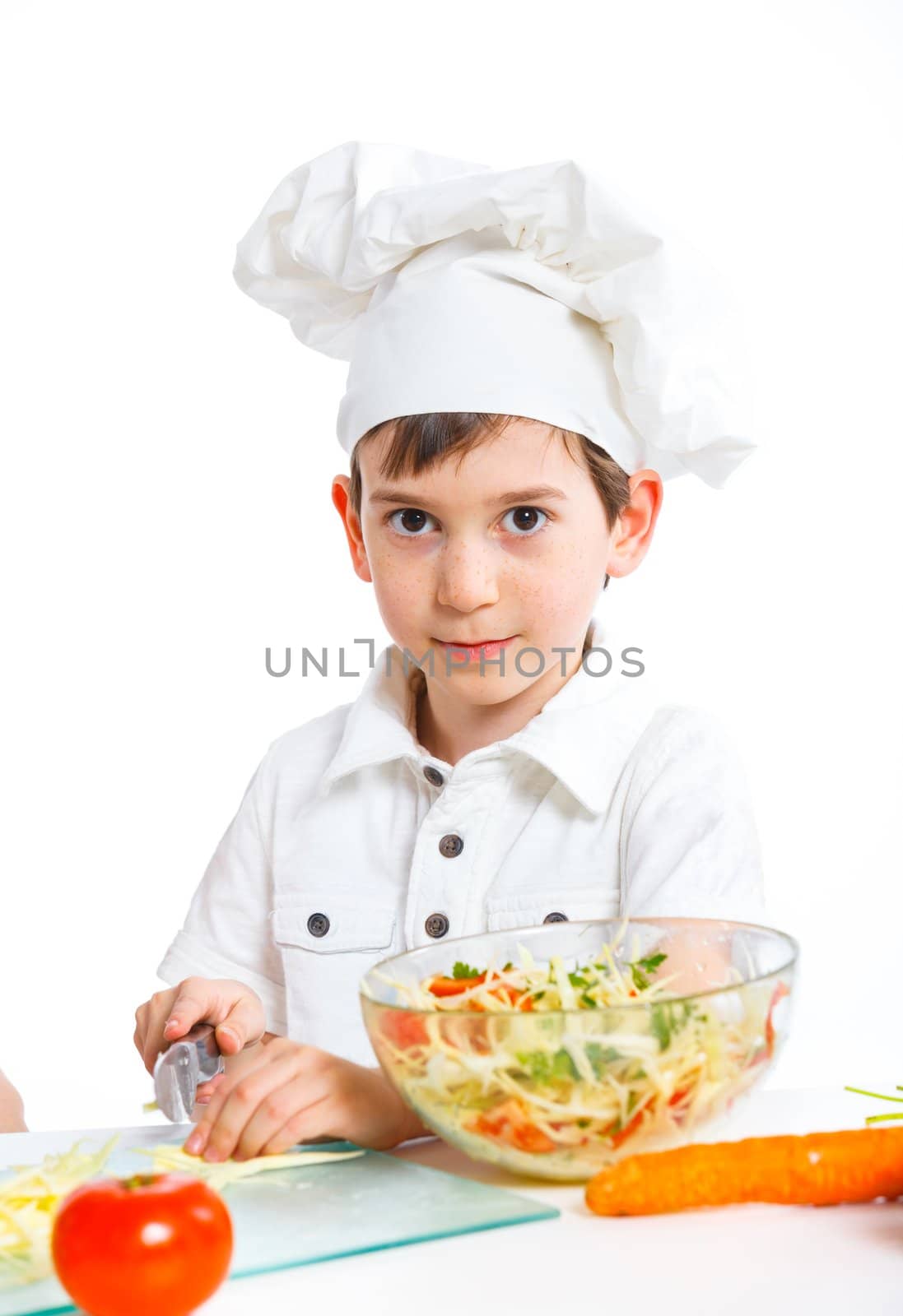 Little cook tasty salad, isolated on white. Vertical view
