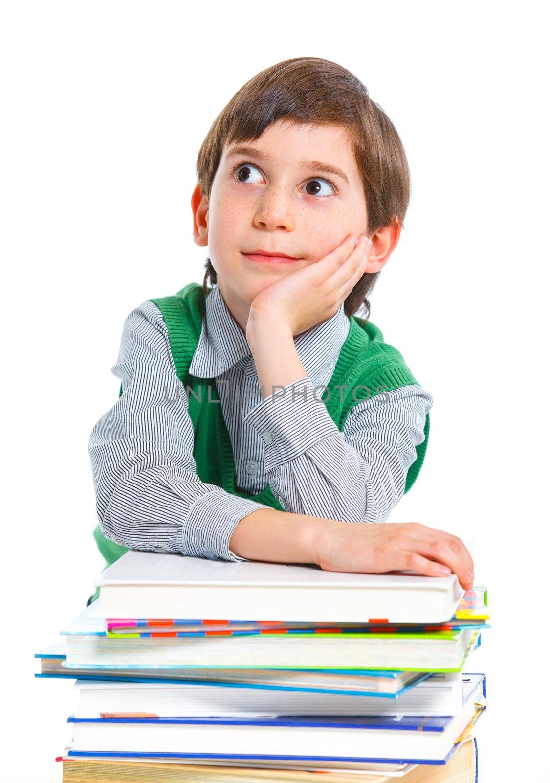 Education - funny boy with books. Isolated over white background.