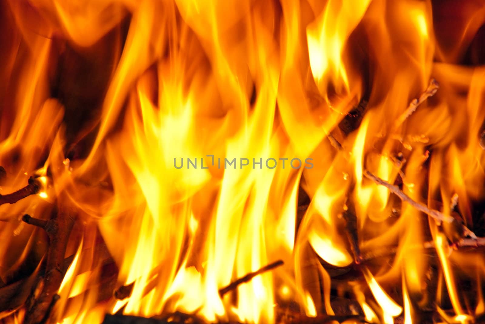 Burning wood in the fireplace and the flames.