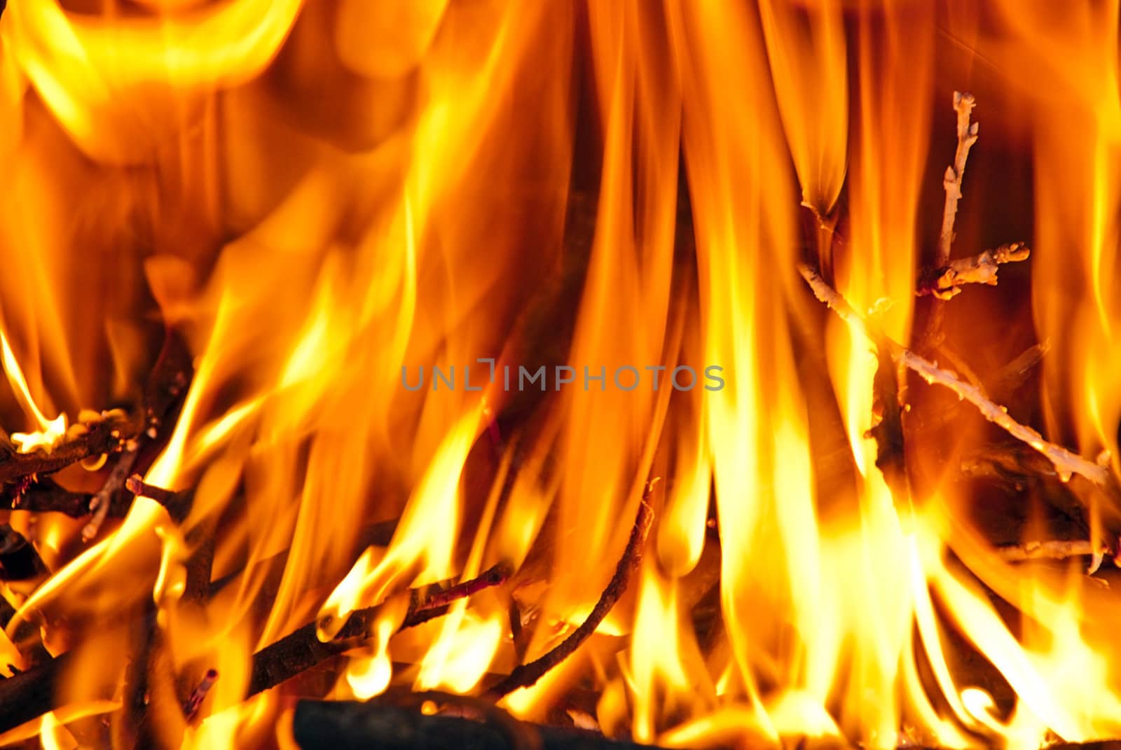 Burning wood in the fireplace and the flames.