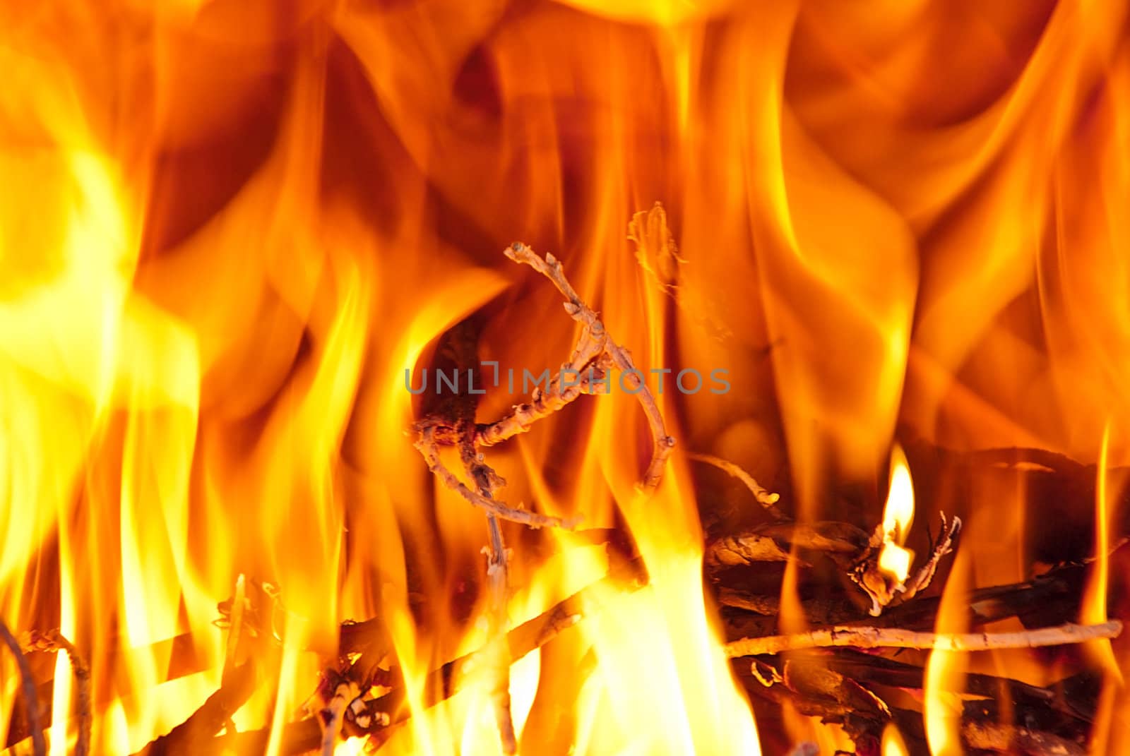 Burning wood in the fireplace and the flames.