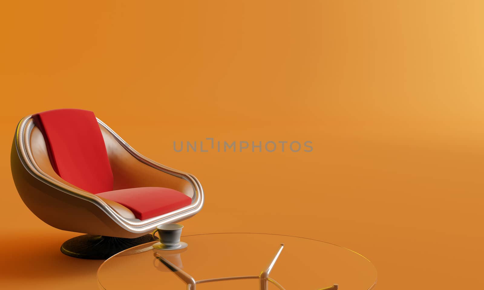 Modern elegant chair, coffee table and cup in interior of brown color