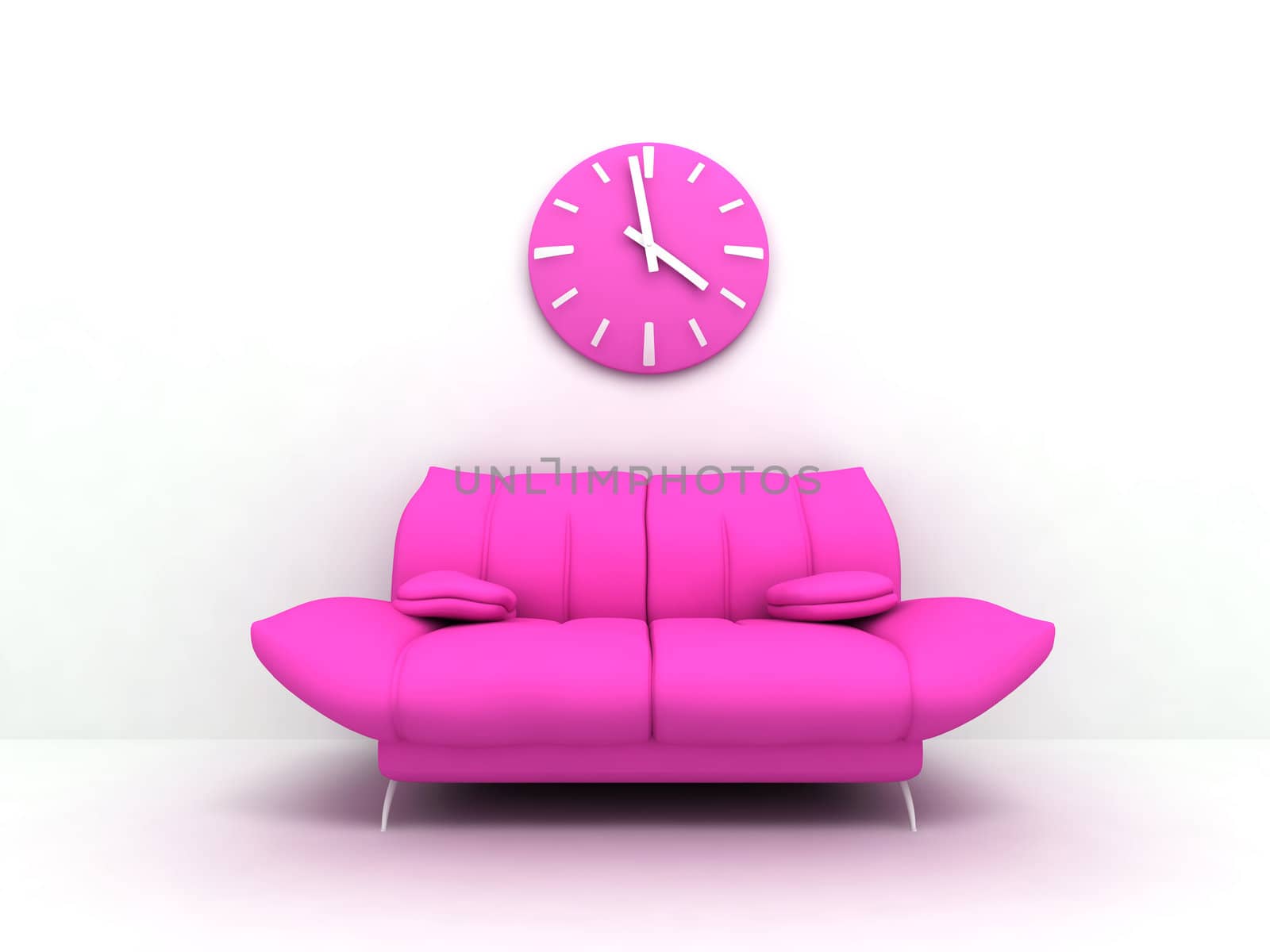 Purple sofa and clock in modern interior of a light living room