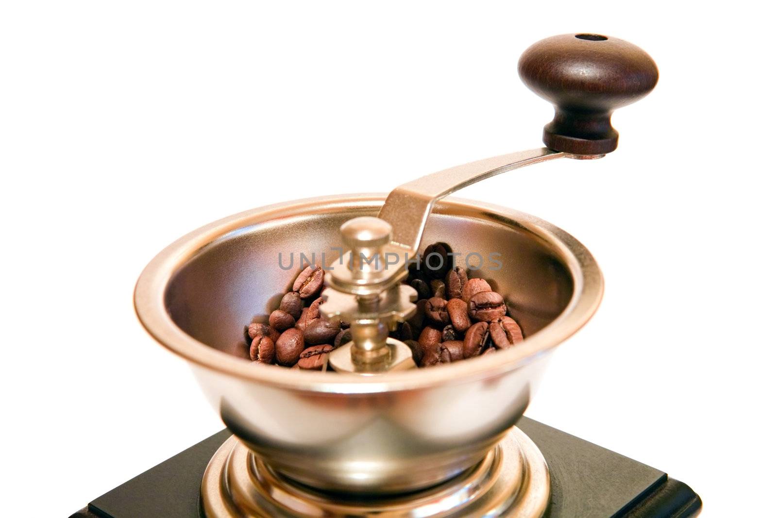retro-styled coffee grinder from wood and steel on a white background