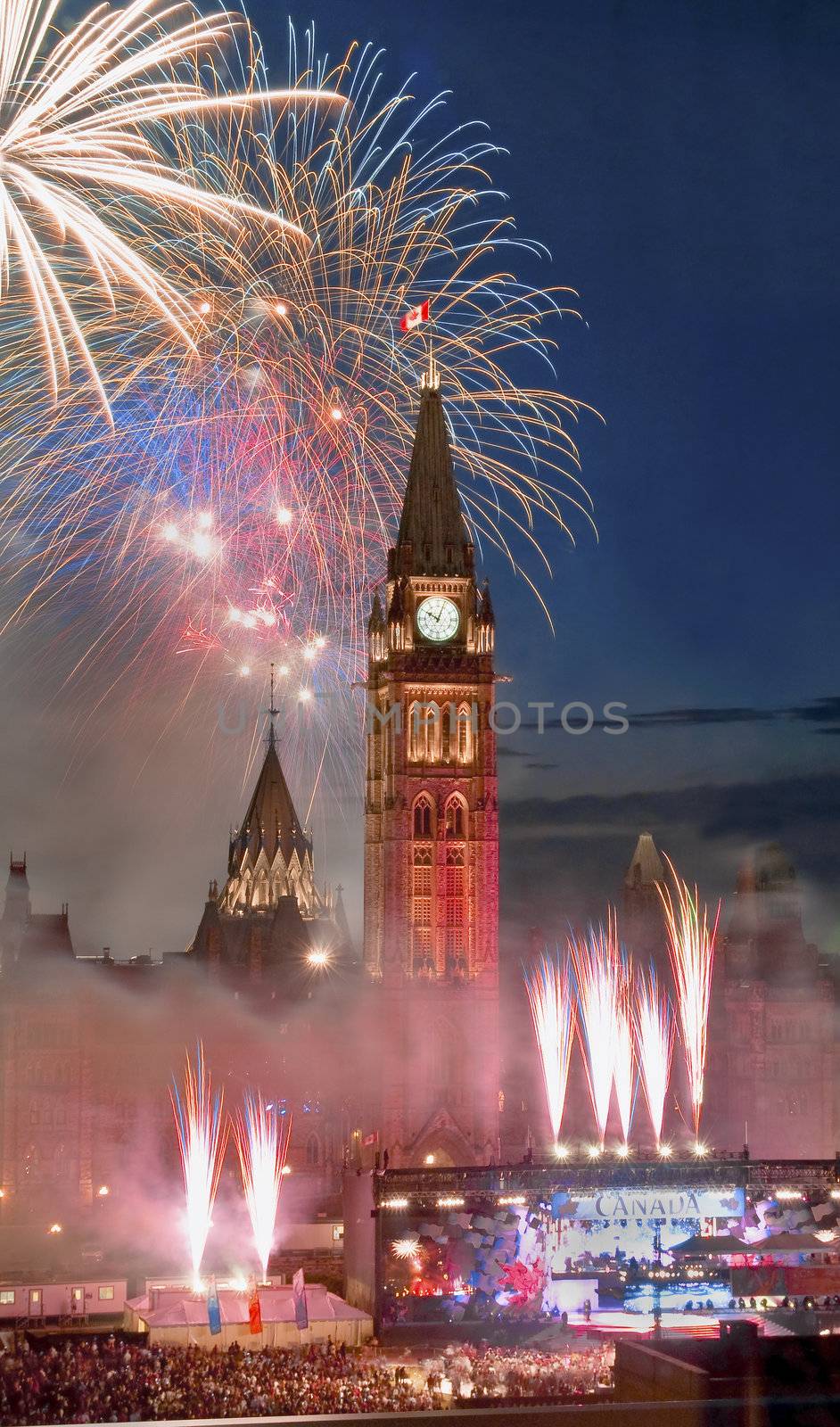 The canadian Parliament during the fireworks display on Canada Day in July.