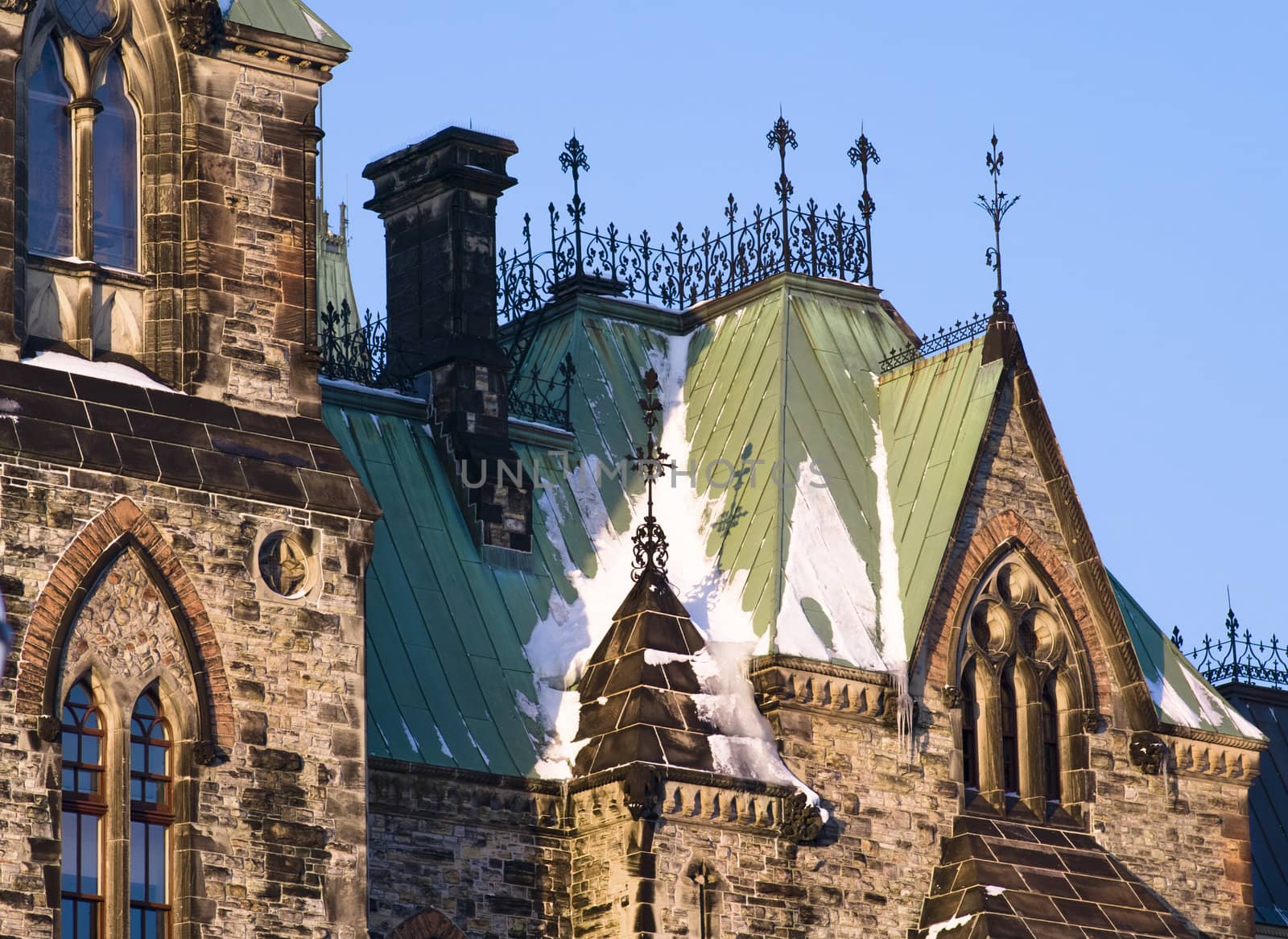 A closeup view of the East Block building gothic  architecture.