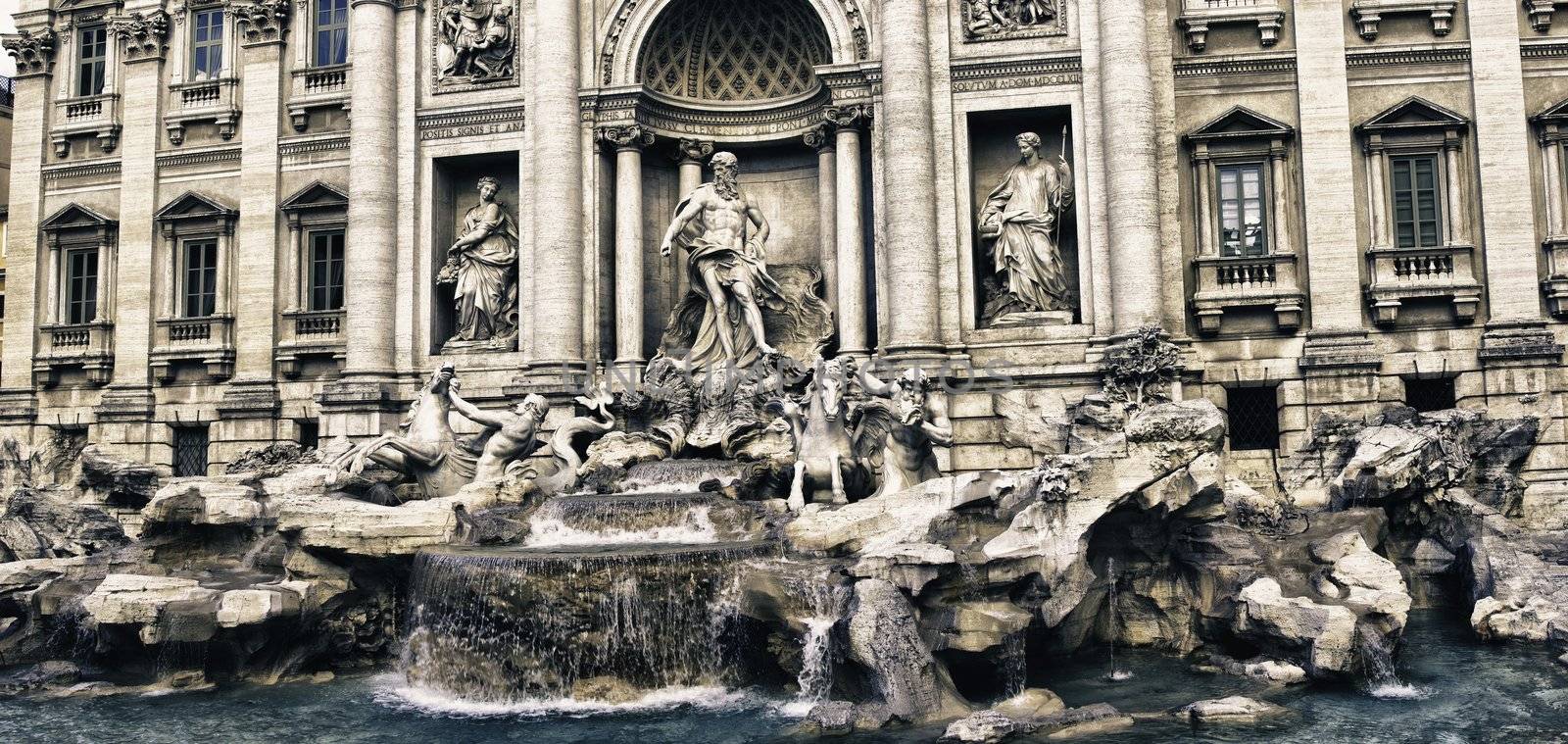 Panoramic view of Trevi Fountain in Rome by jovannig