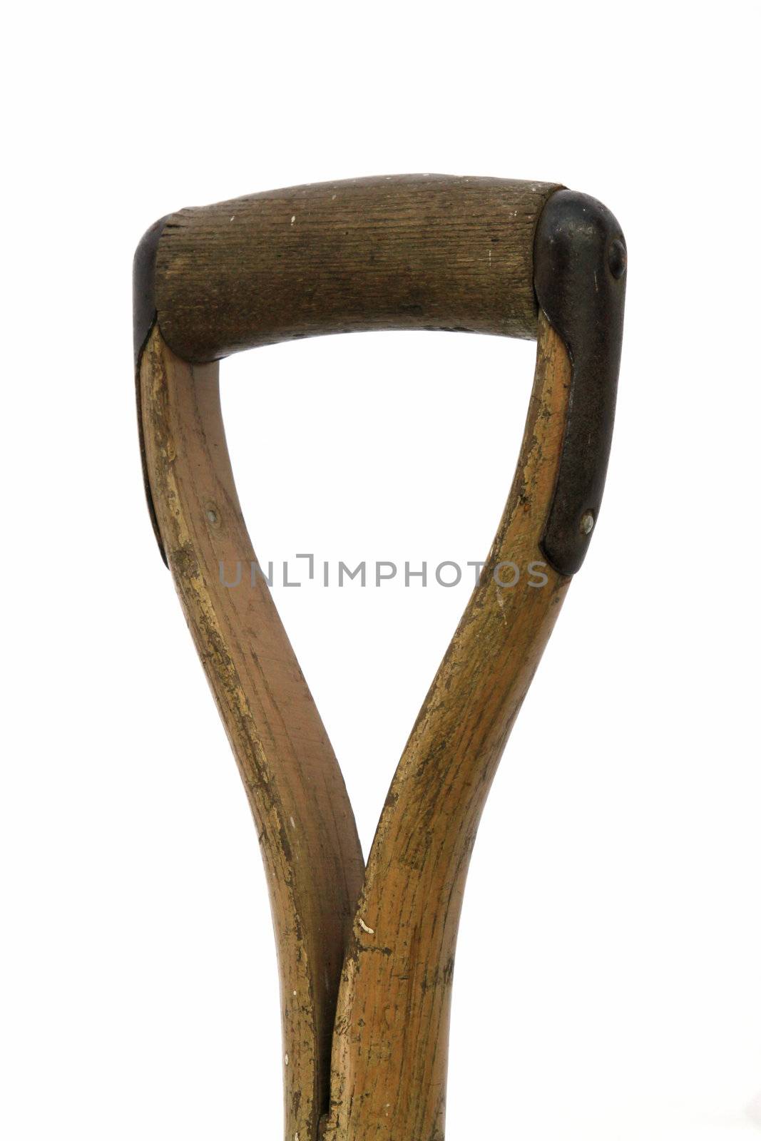 Wooden spade or fork  handle on a white background.