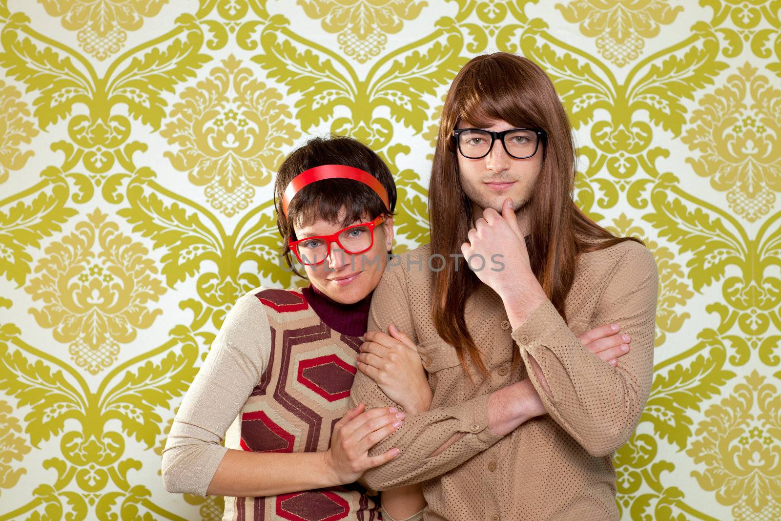 Funny humor silly nerd couple on retro vintage wallpaper background