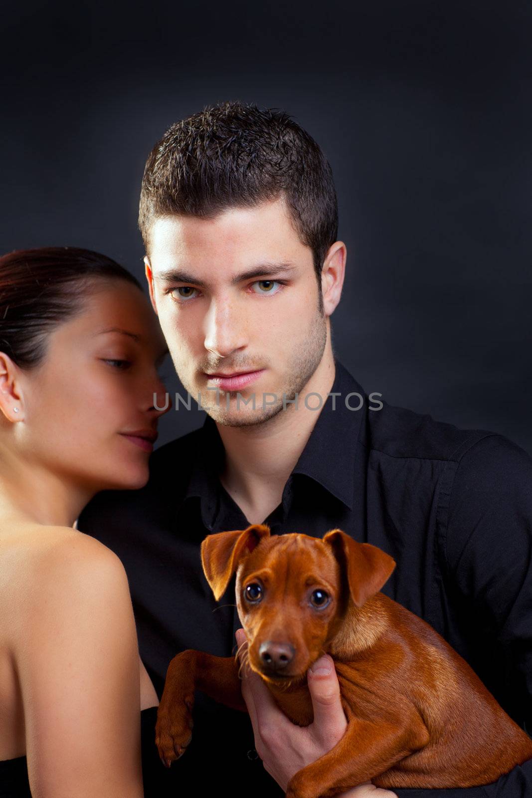 Couple in love with brown little pet puppy dog mini pinscher