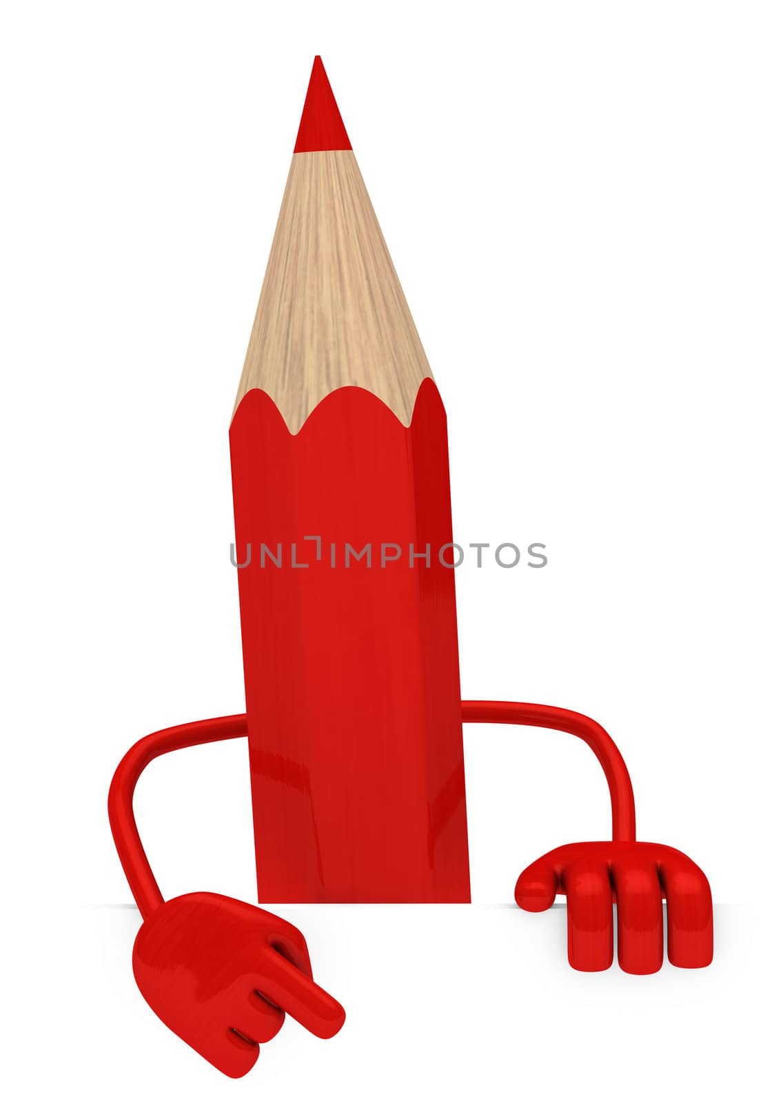 big red pencil pointed finger behind wall