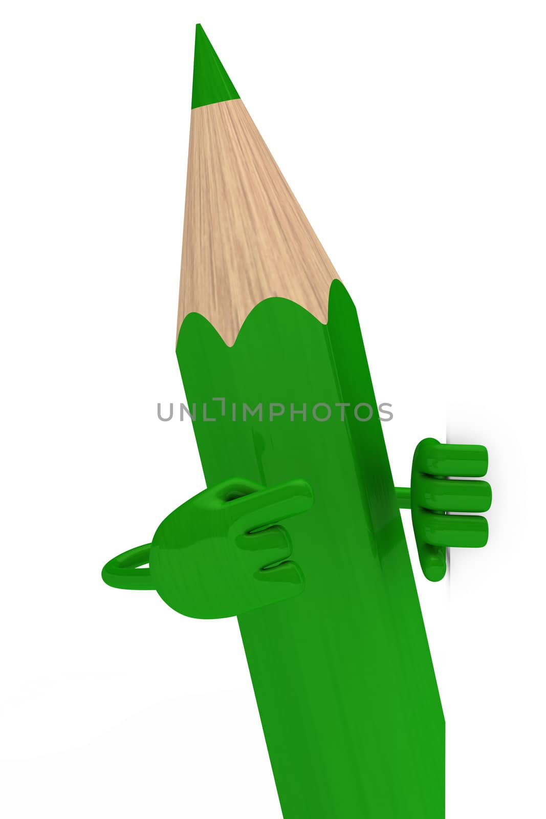 big green pencil pointed finger behind wall