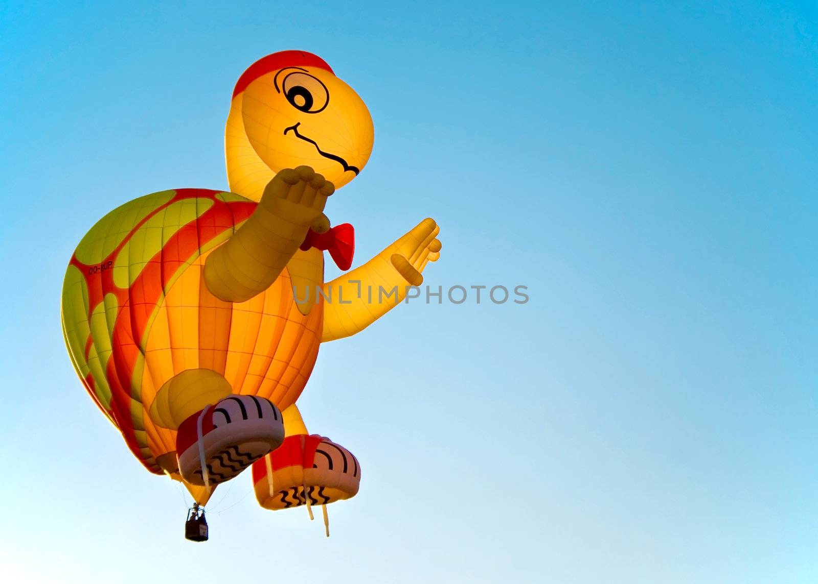 A turtle air balloon against a clear blue sky at the festival.