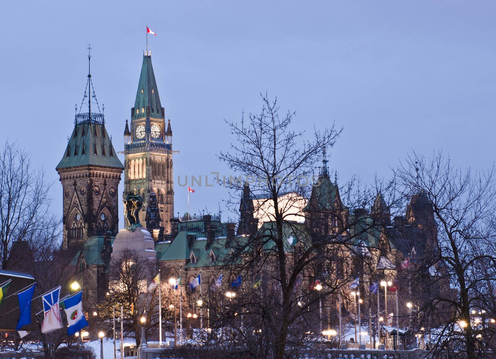 The Canadian Parliament Centre and East Blocks in Ottawa, Ontario, Canada.