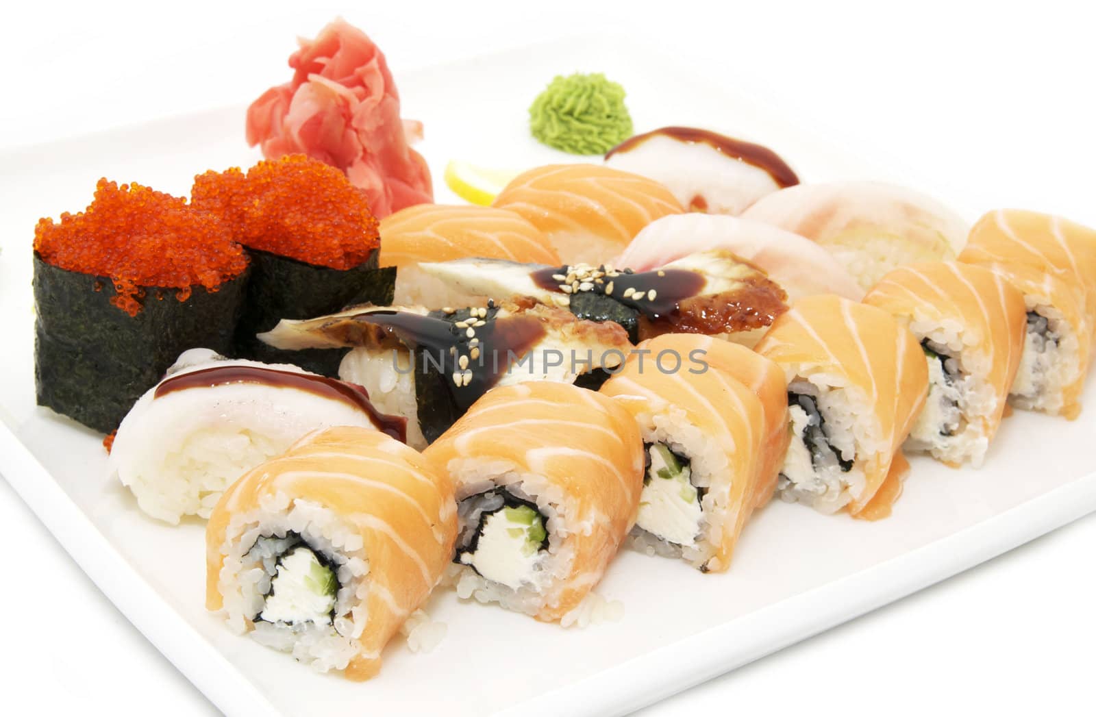 Sushi at a Japanese restaurant on a white background