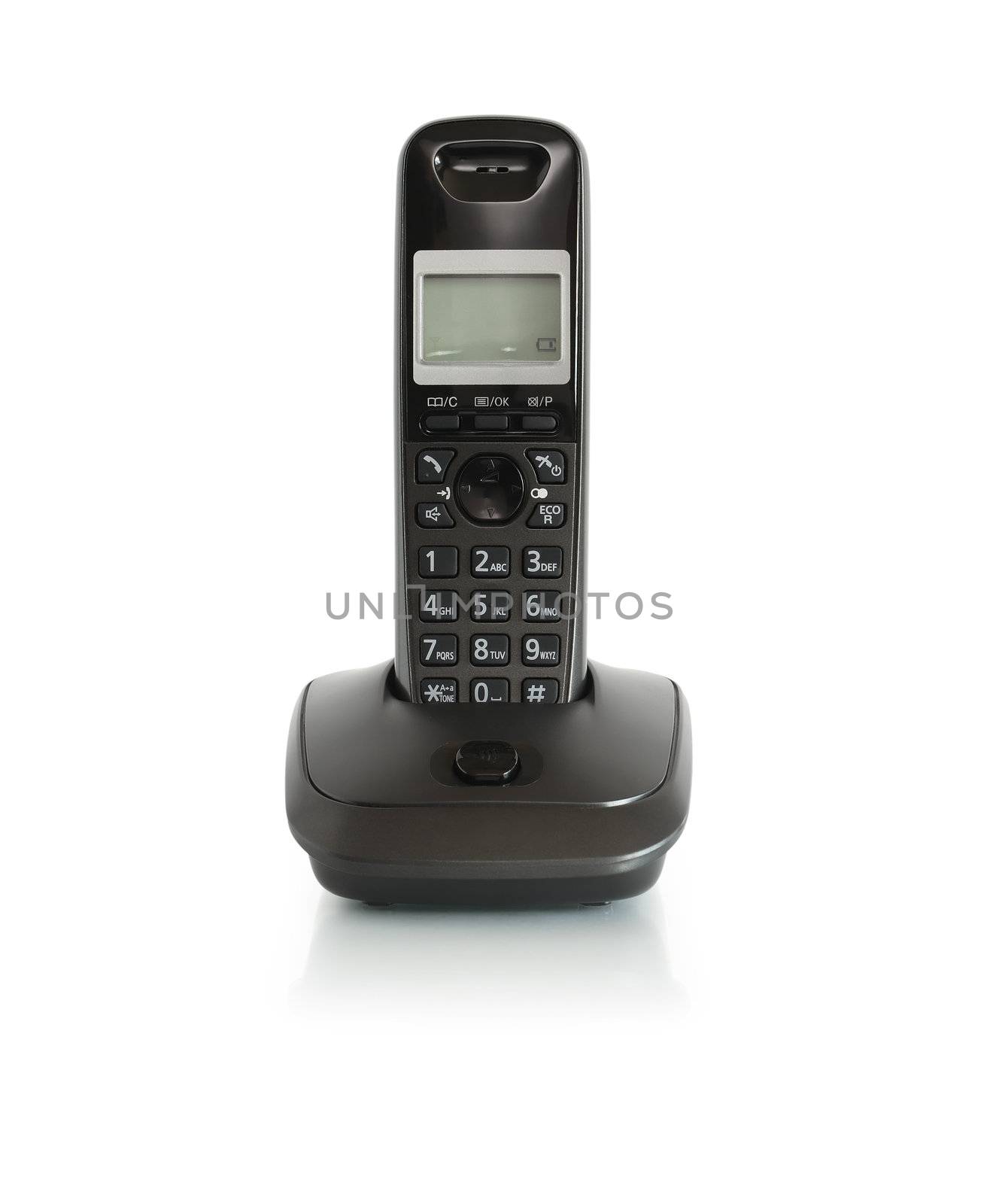 Modern black wireless telephone on white background. Isolated with clipping path