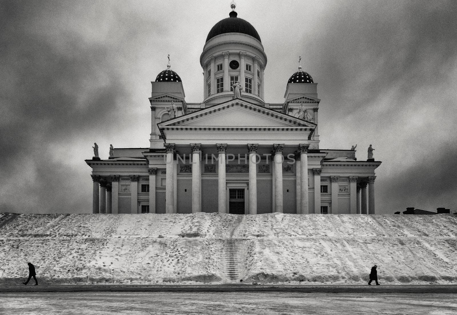 Helsinki Tuomiokirkko on a frosty winter day. Black and white with grain