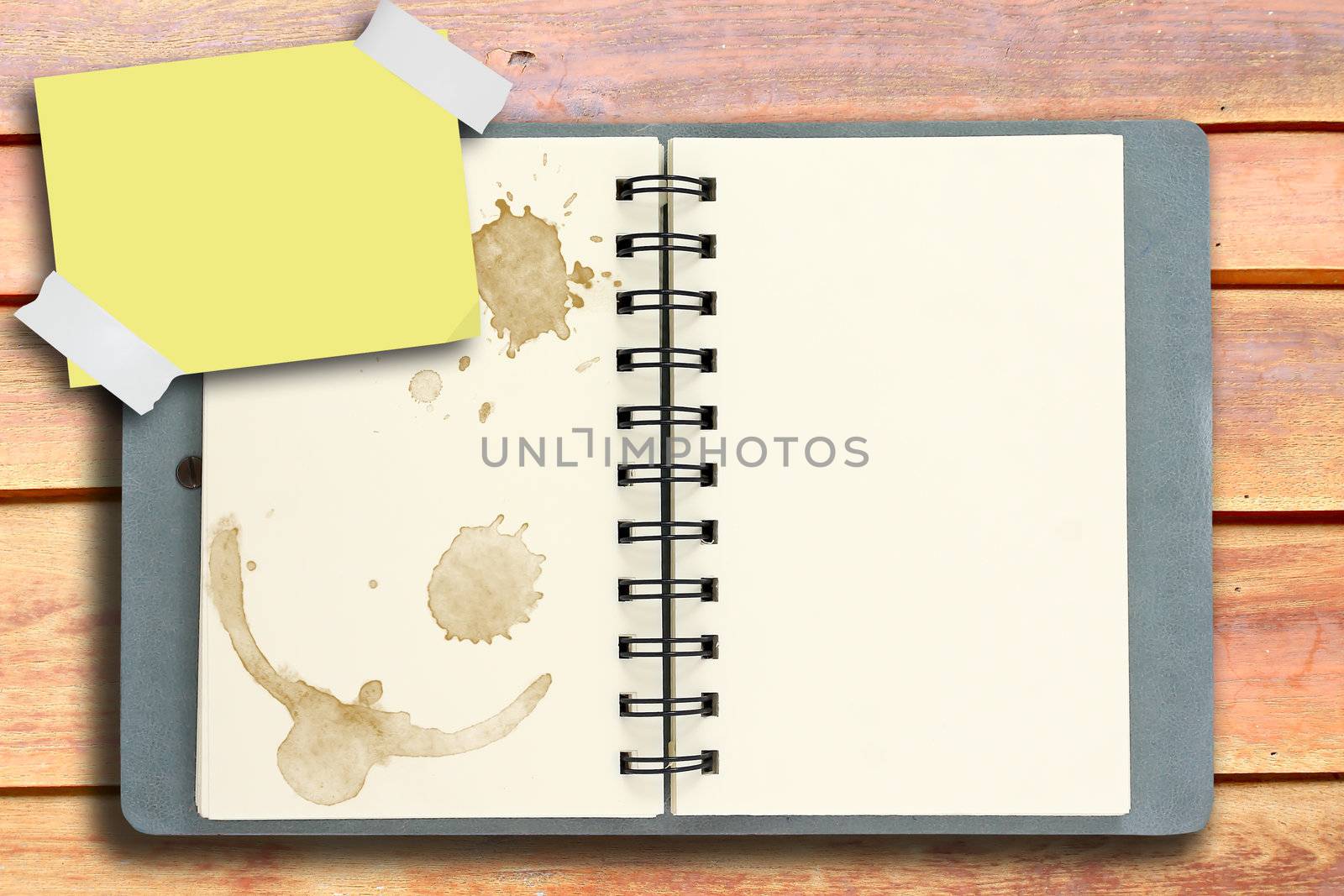 blank white notebook on rubber wood background