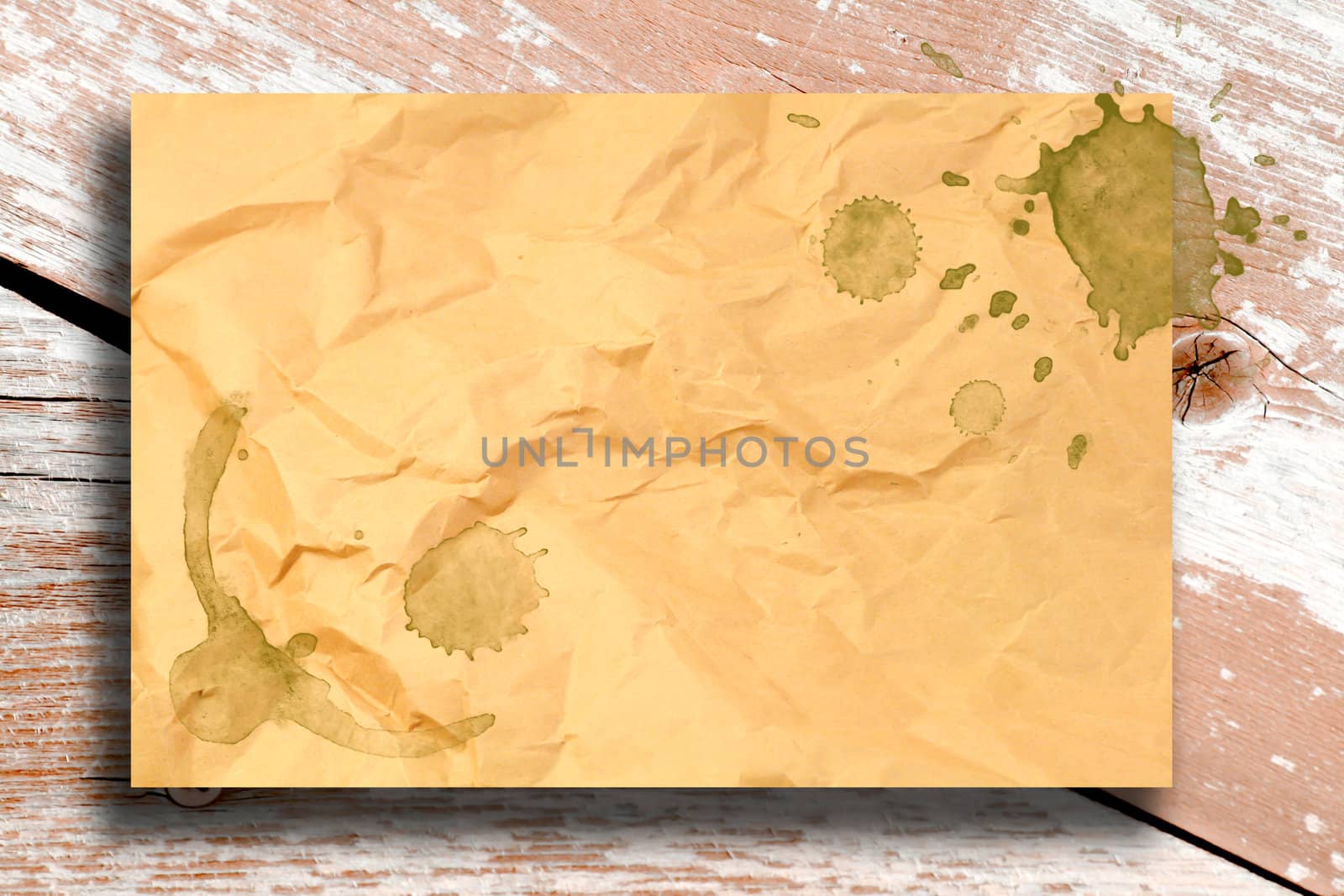 Vintage paper with coffee stains on wooden background