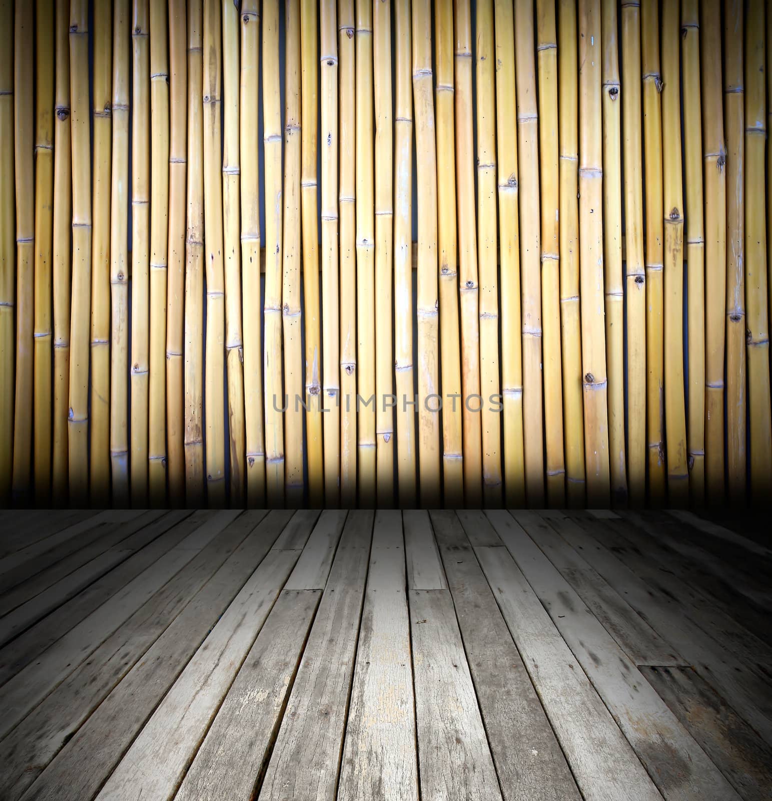 bamboo wall with wooden floor in dark room style