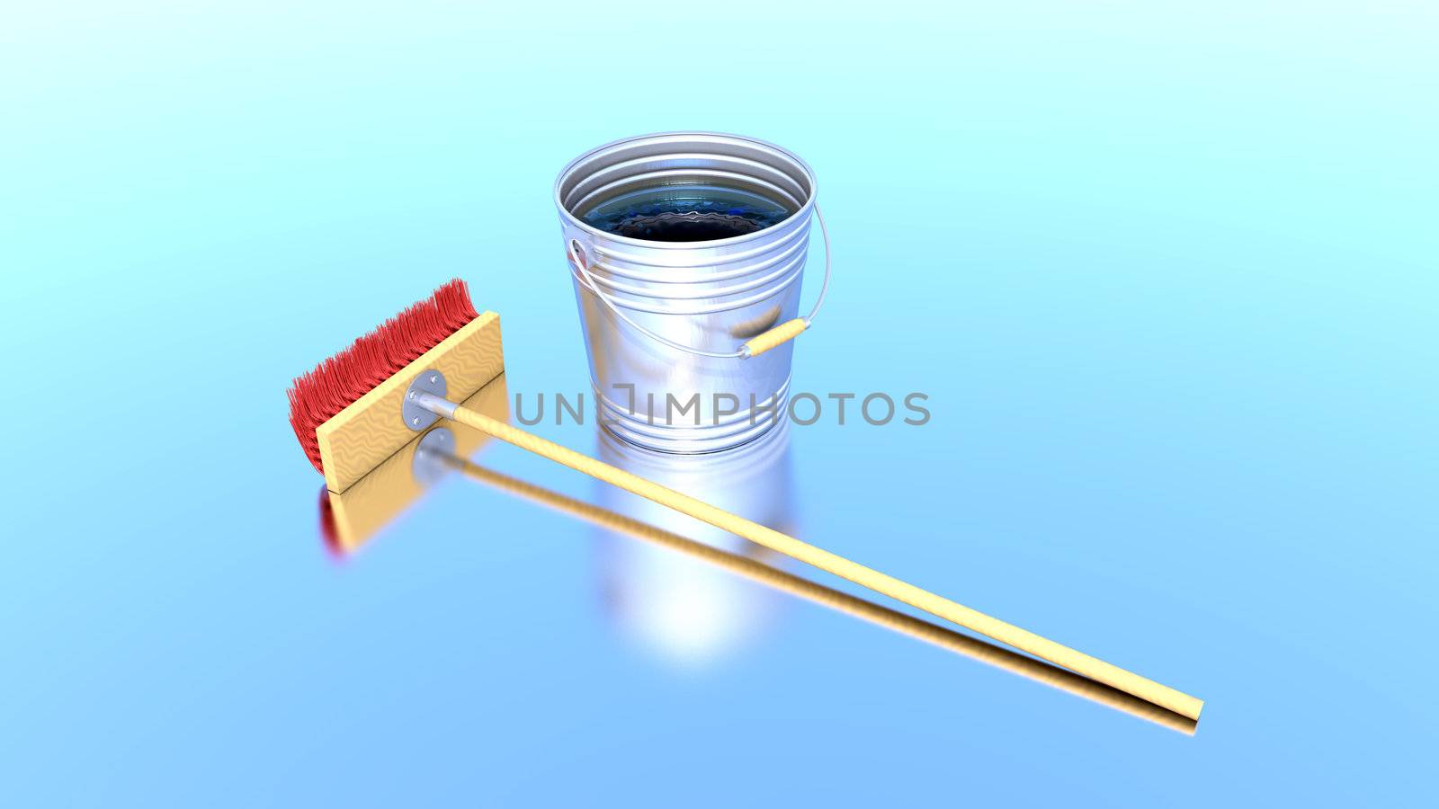brush and bucket is reflected in a pure smooth surface